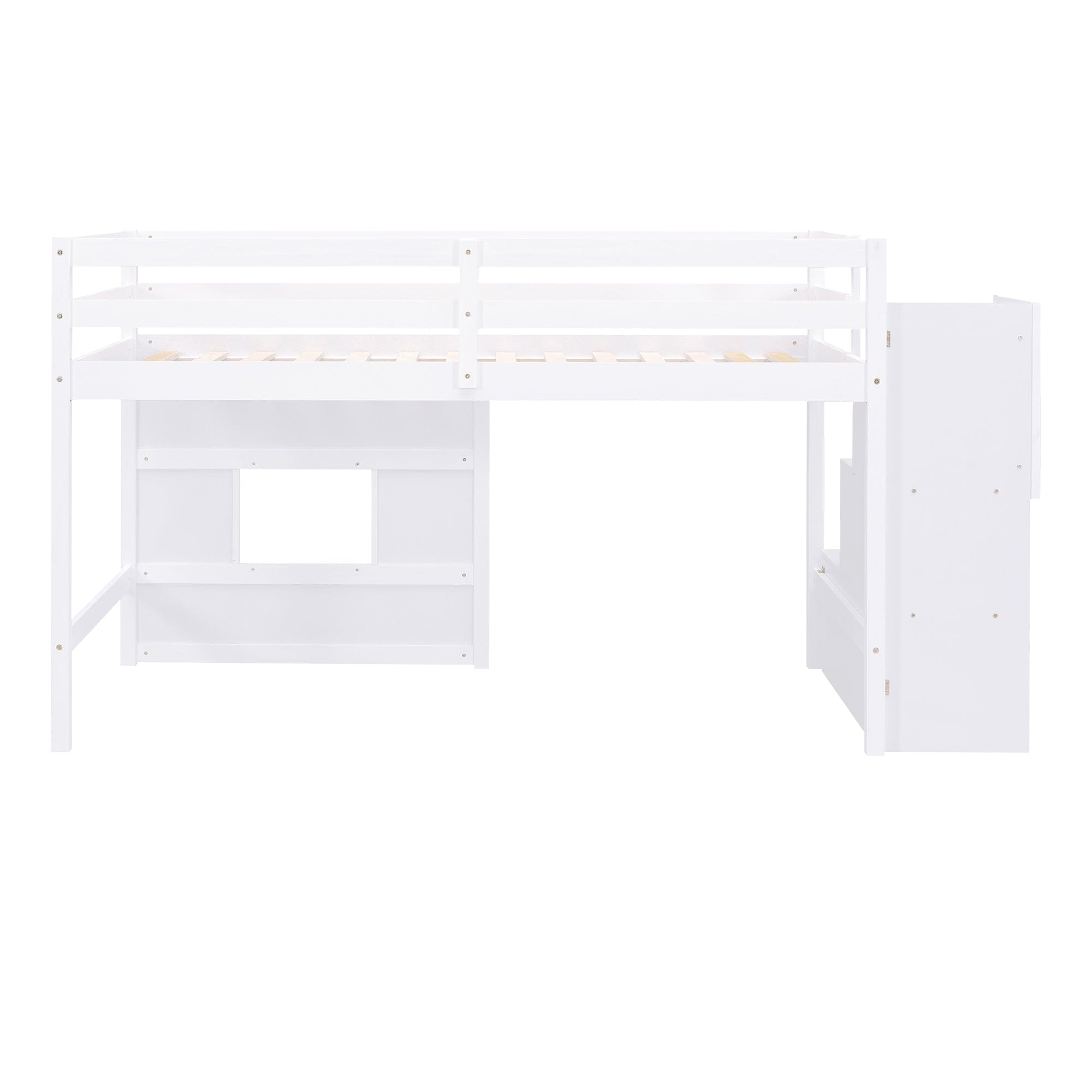 Twin Size Loft Bed with Storage Staircase and Window, White