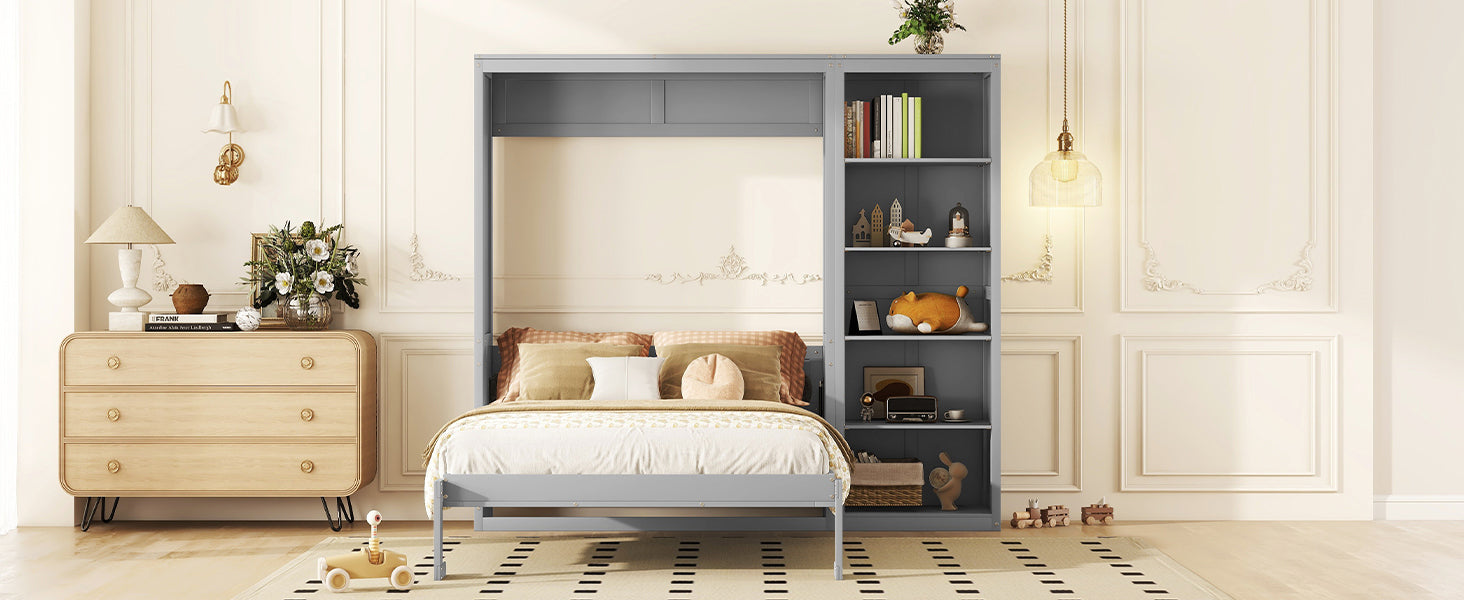 Queen Size Murphy Bed Wall Bed with Shelves,Gray