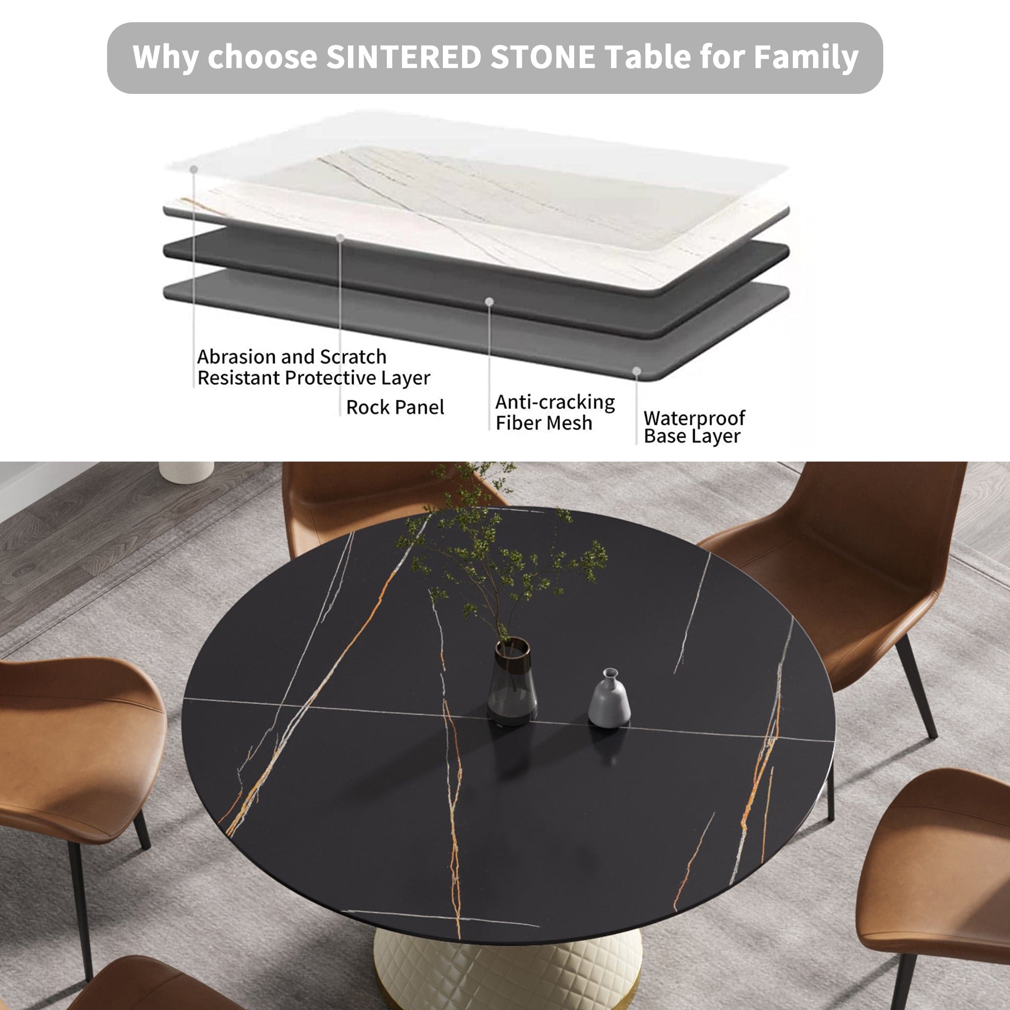 53.15"Modern artificial stone round white carbon steel base dining table-can accommodate 6 people