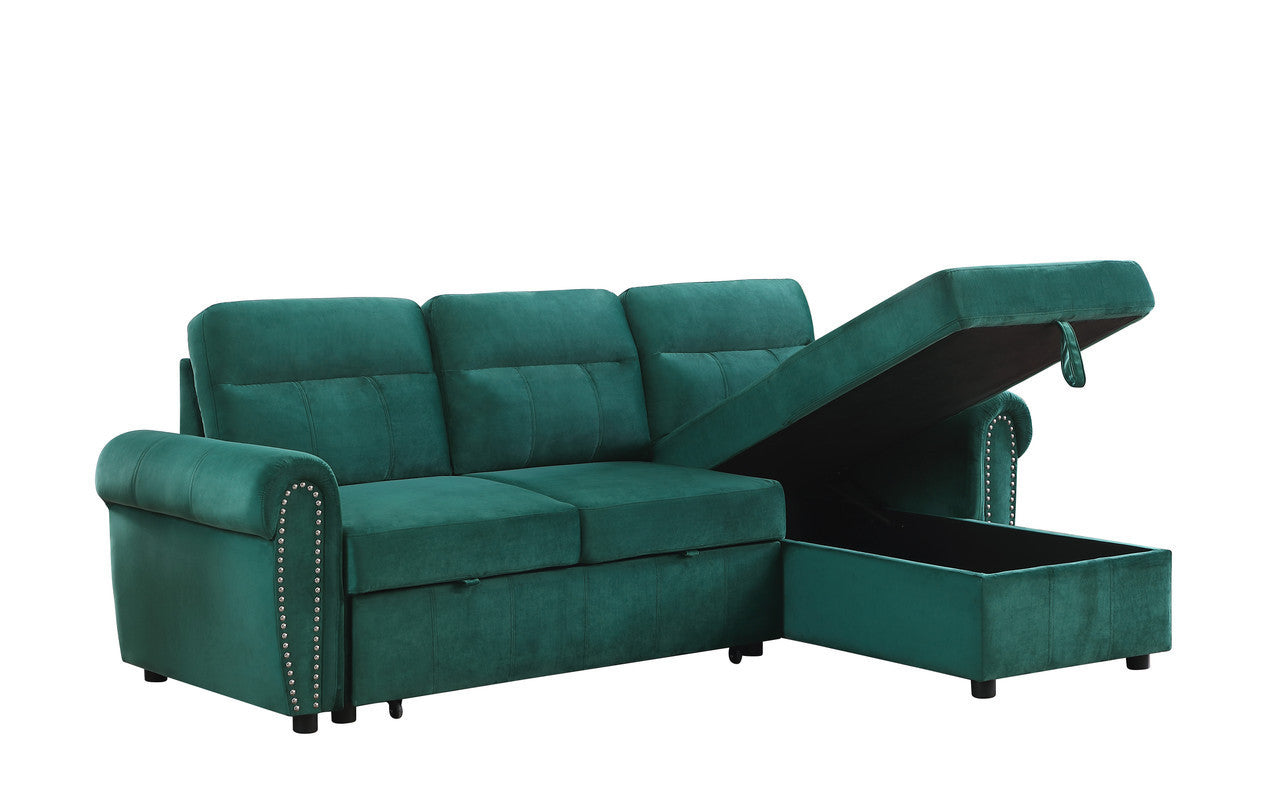 Ashton Green Velvet Fabric Reversible Sleeper Sectional Sofa Chaise