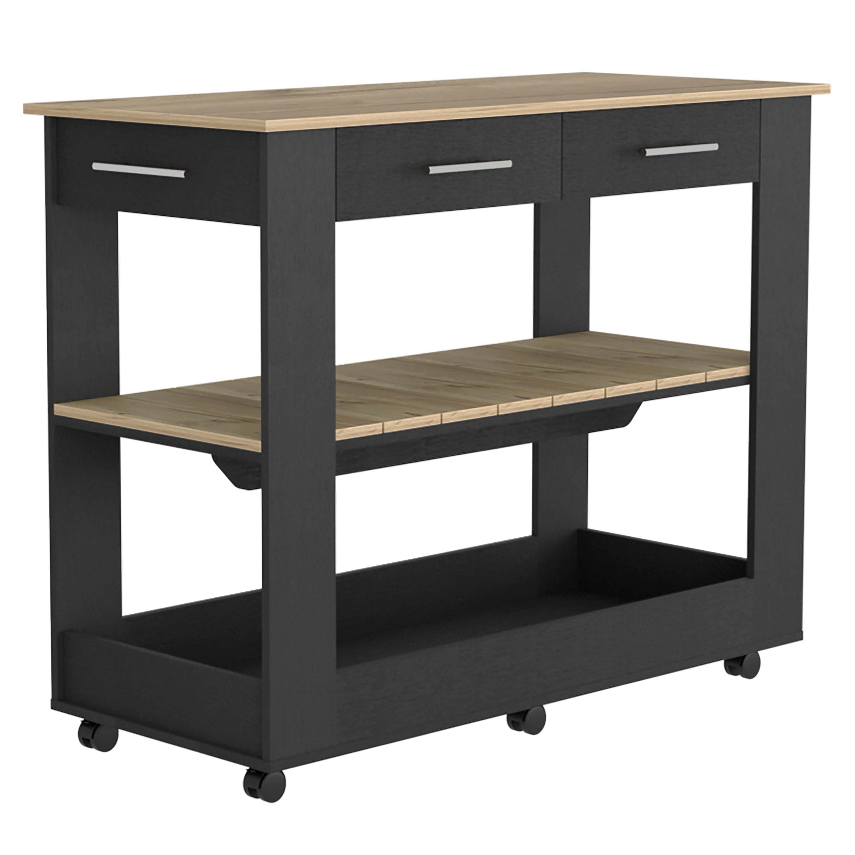 DEPOT E-SHOP Delos 46 Kitchen Island White, Six Casters, Two Drawers, Lower Open Shelf, Black / Light Oak