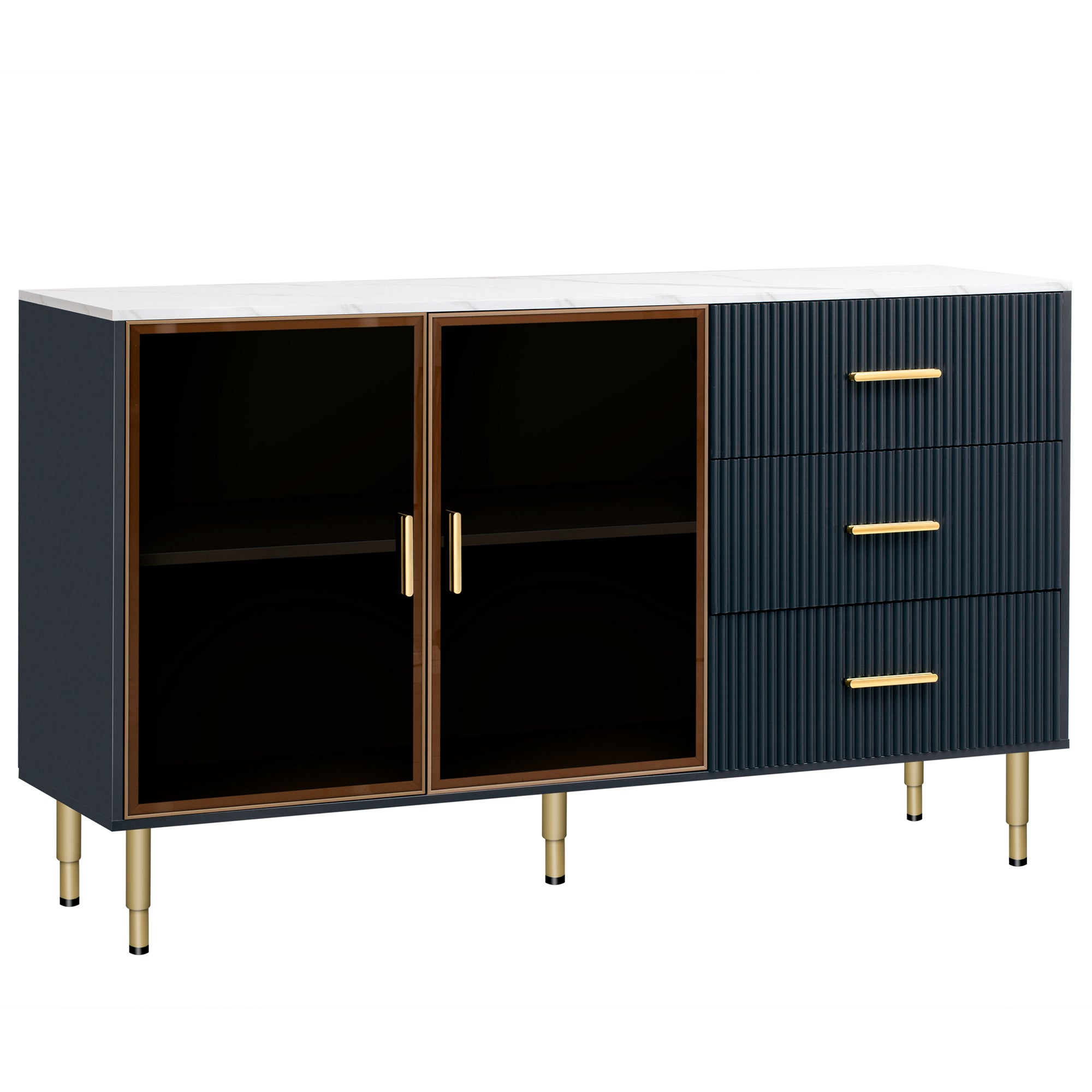 TREXM Modern Sideboard MDF Buffet Cabinet Marble Sticker Tabletop and Amber-yellow Tempered Glass Doors with Gold Metal Legs & Handles (Navy Blue)