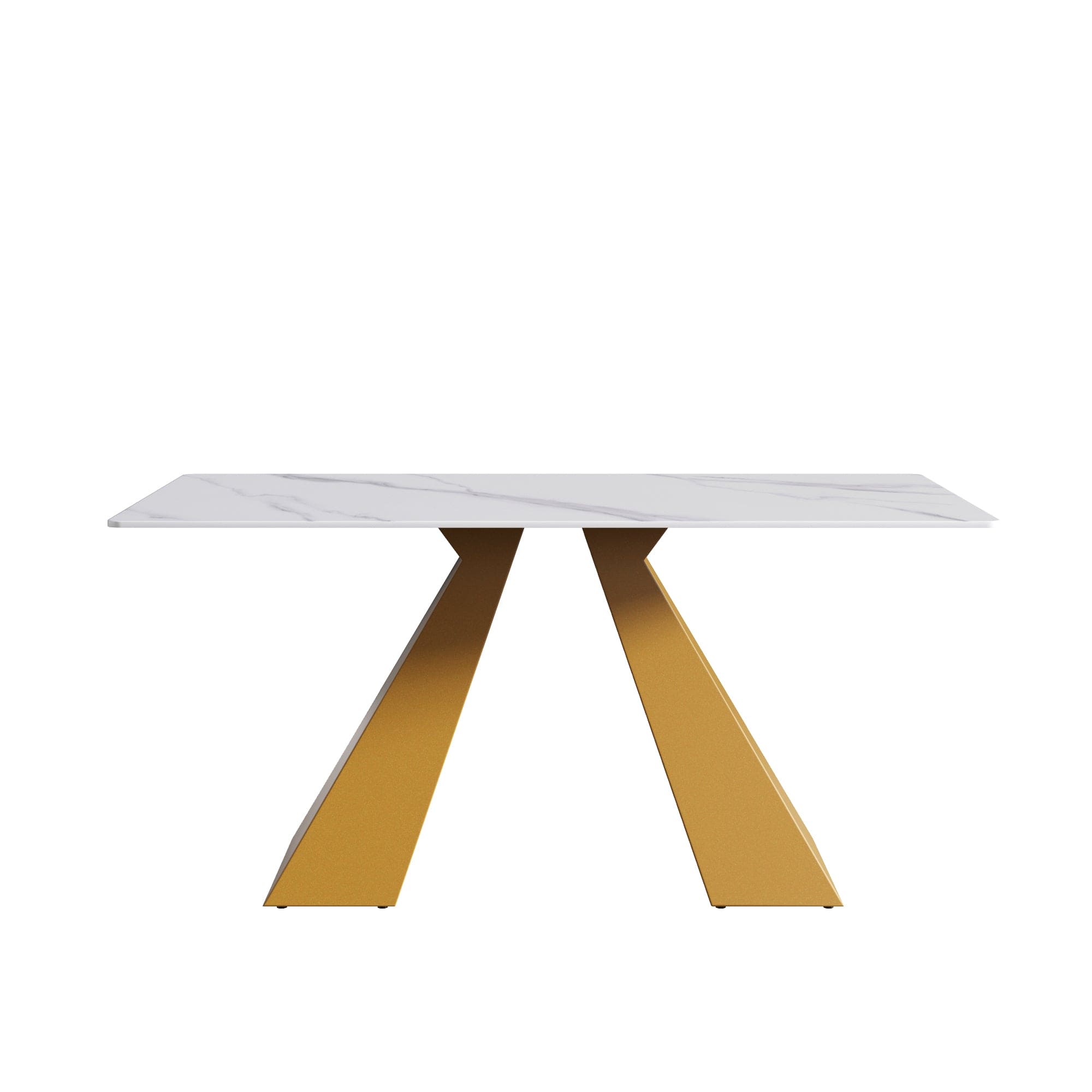 63"Modern artificial stone white straight edge golden metal leg dining table -6 people