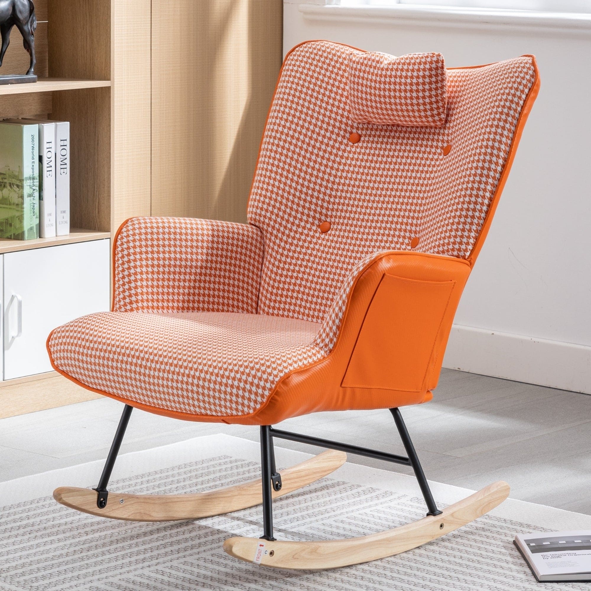 35.5 inch Rocking Chair, Soft Houndstooth Fabric Leather Fabric Rocking Chair for Nursery, Comfy Wingback Glider Rocker with Safe Solid Wood Base for Living Room Bedroom Balcony (orange)