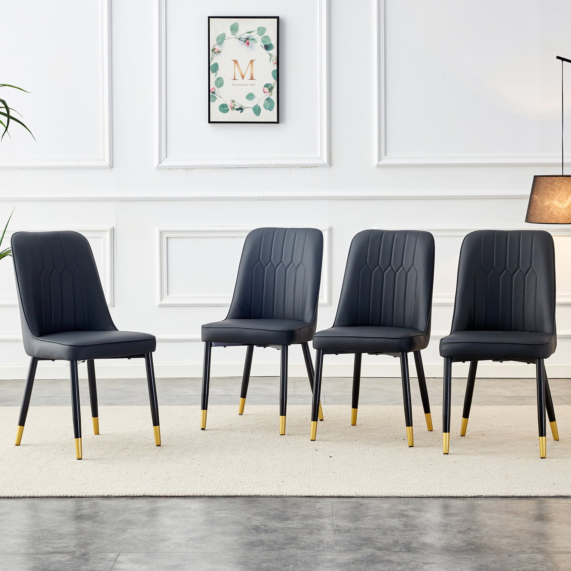 1 table and 4 black chairs. The table features a black imitation marble pattern desktop and black gold MDF legs. Pair with 4 black PU chairs. F-SQ C-007