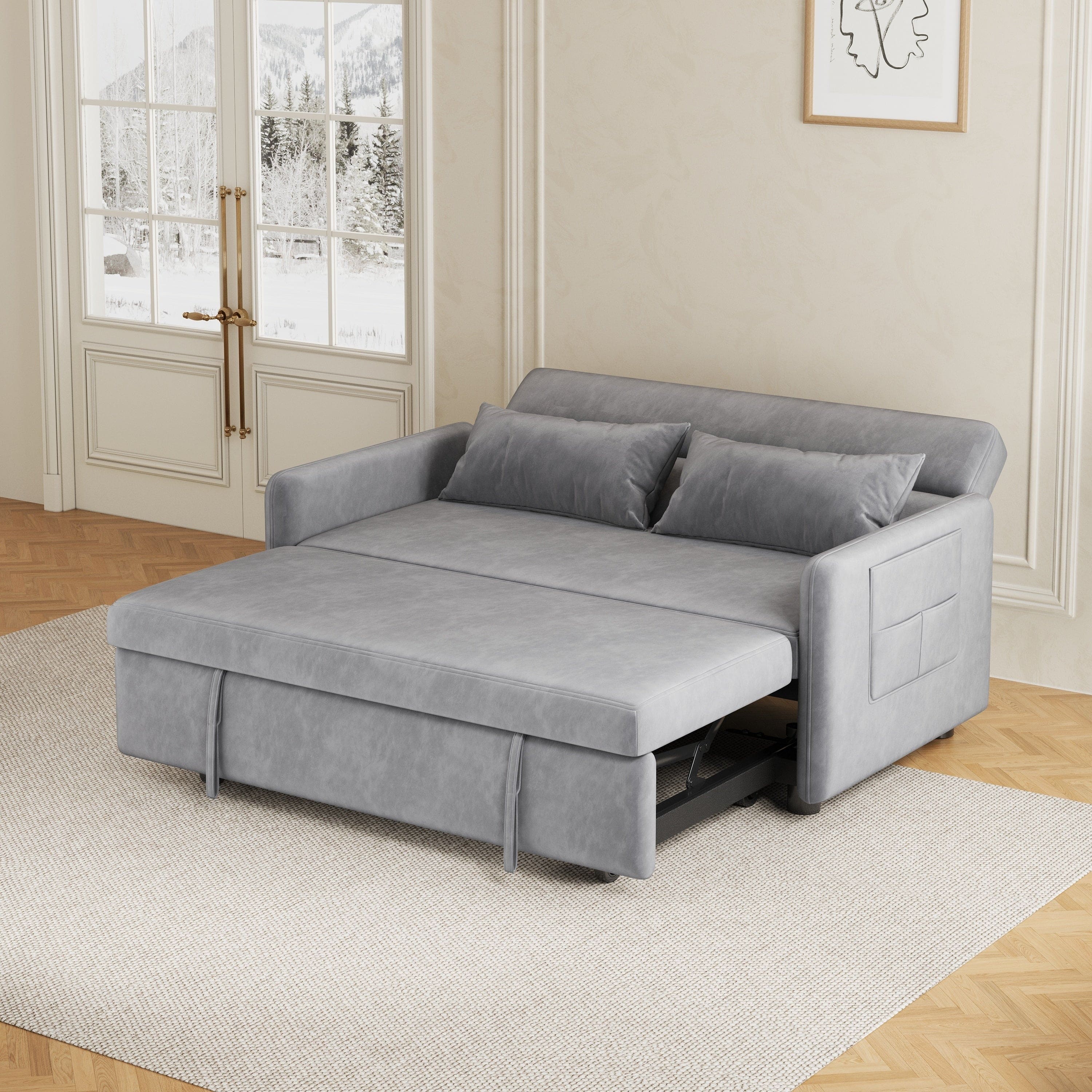 2120 Sofa Pull Out Bed Included Two Pillows 54" Grey Velvet Sofa for Small Spaces