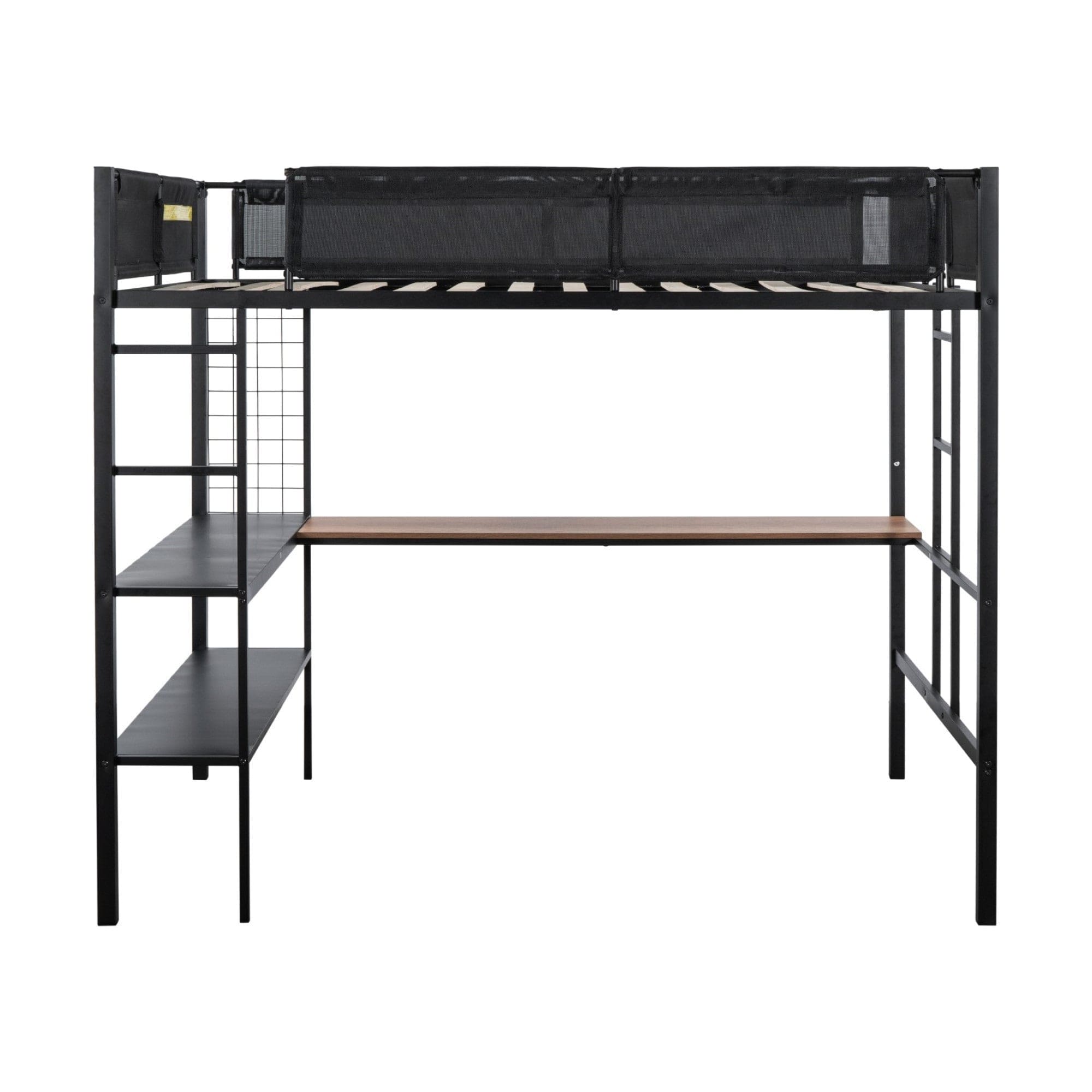 Metal Full Size Loft Bed with Desk & Shelves/ Sturdy Metal Bed Frame/ Noise-free Wood Slats/ Comfortable Textilene Guardrail/ Built-in Desk, 2-tier Shelves & Grid Panel/ 2 Side Ladders