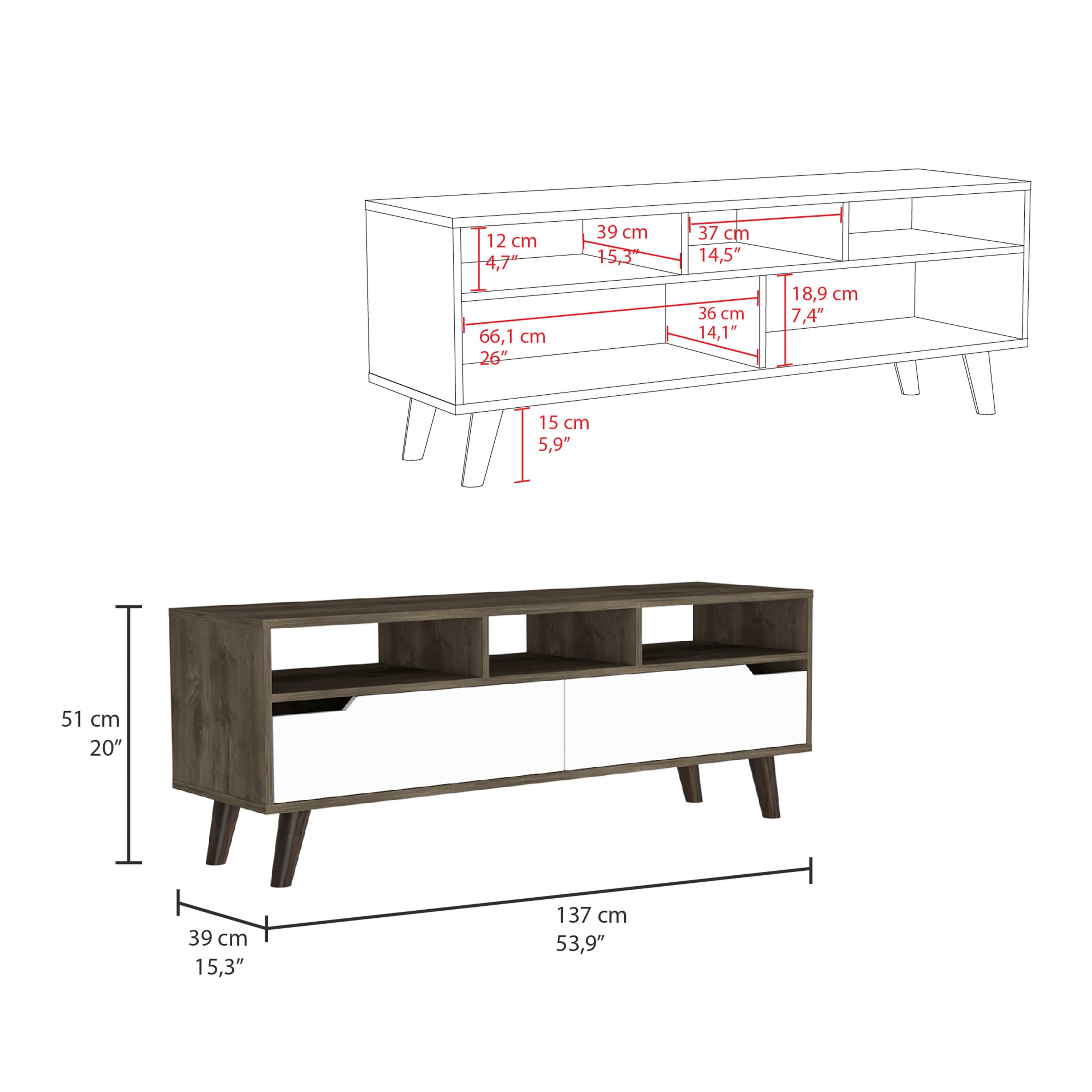 Tv Stand 2.0 For TV´s up 52" Bull, Three Open Shelves,Two Drawers, Dark Brown / White Finish