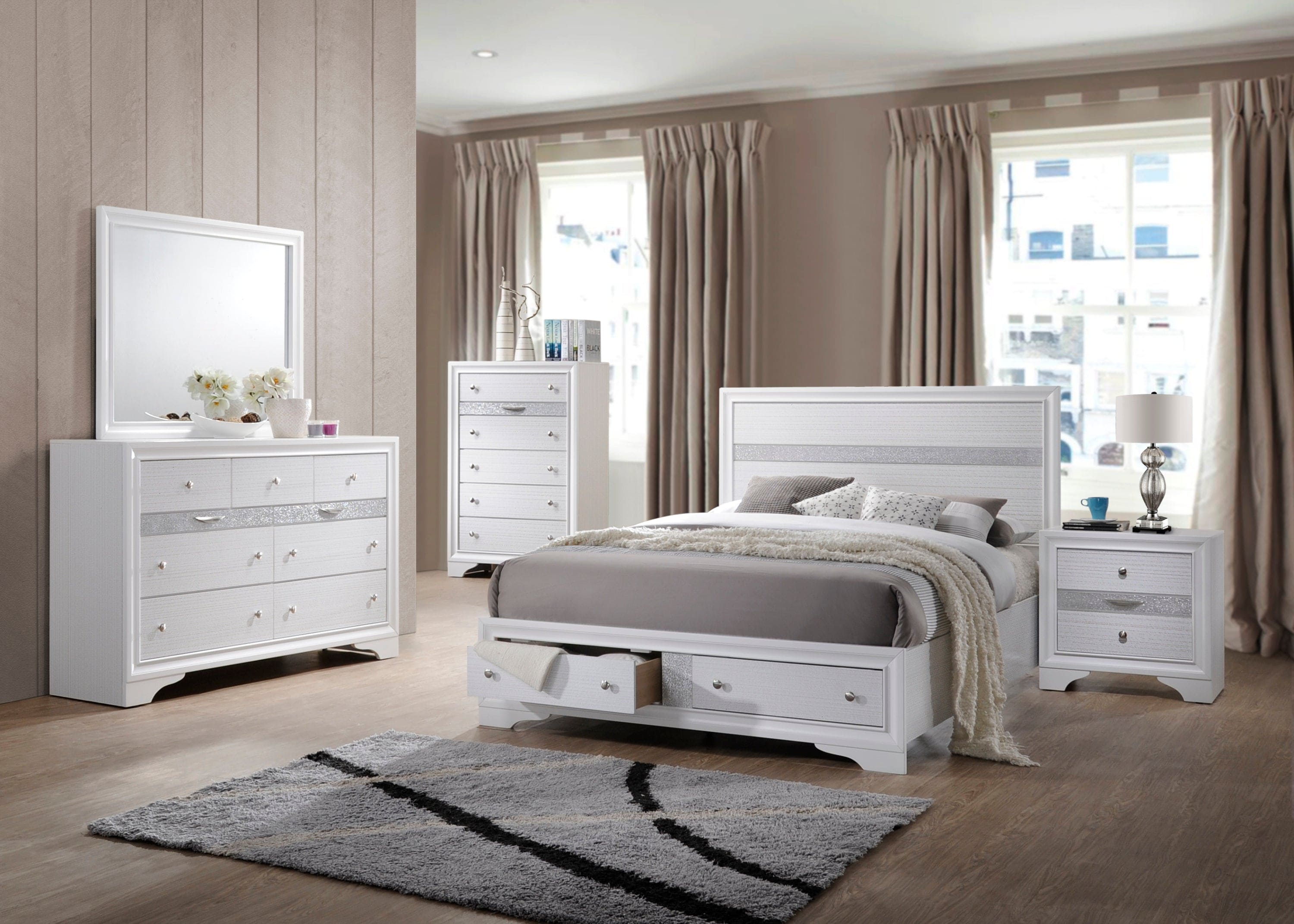 Matrix Traditional Style King Size Storage Bed made with Wood in White