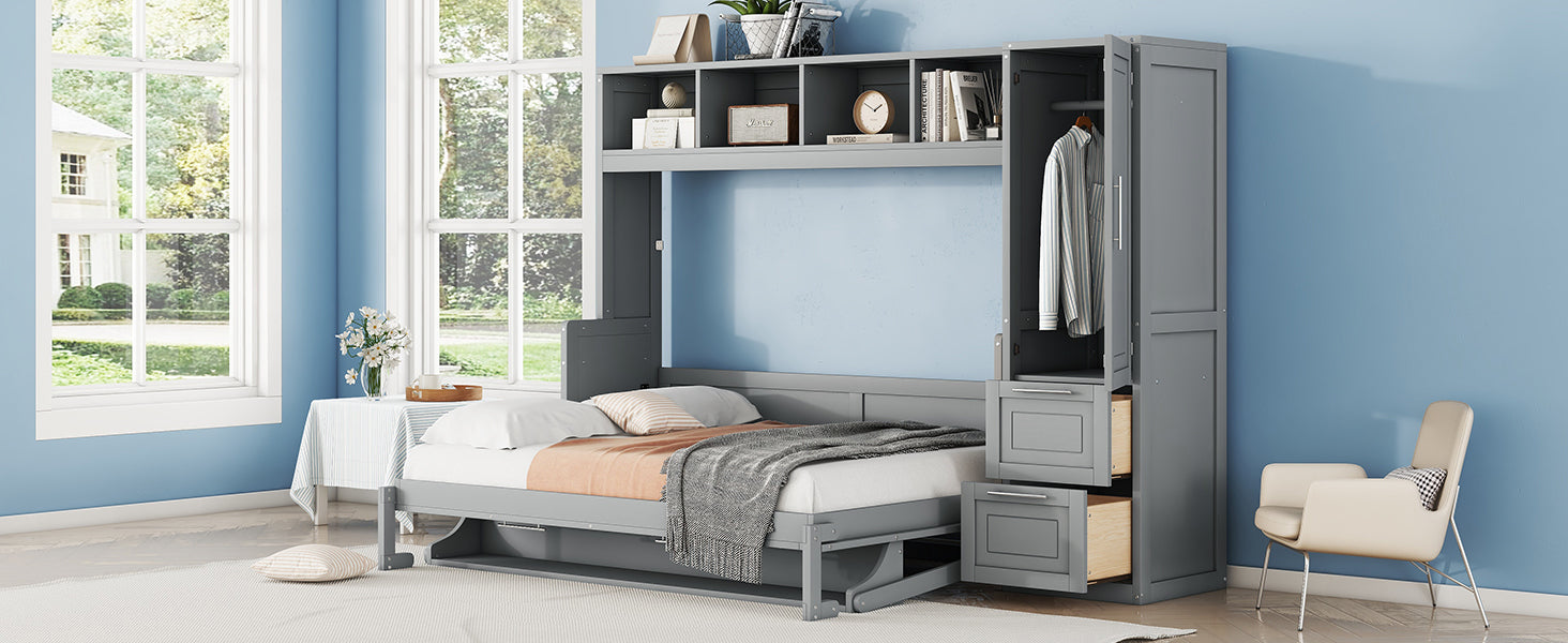 Full Size Murphy Bed Wall Bed with Closet and Drawers,Gray