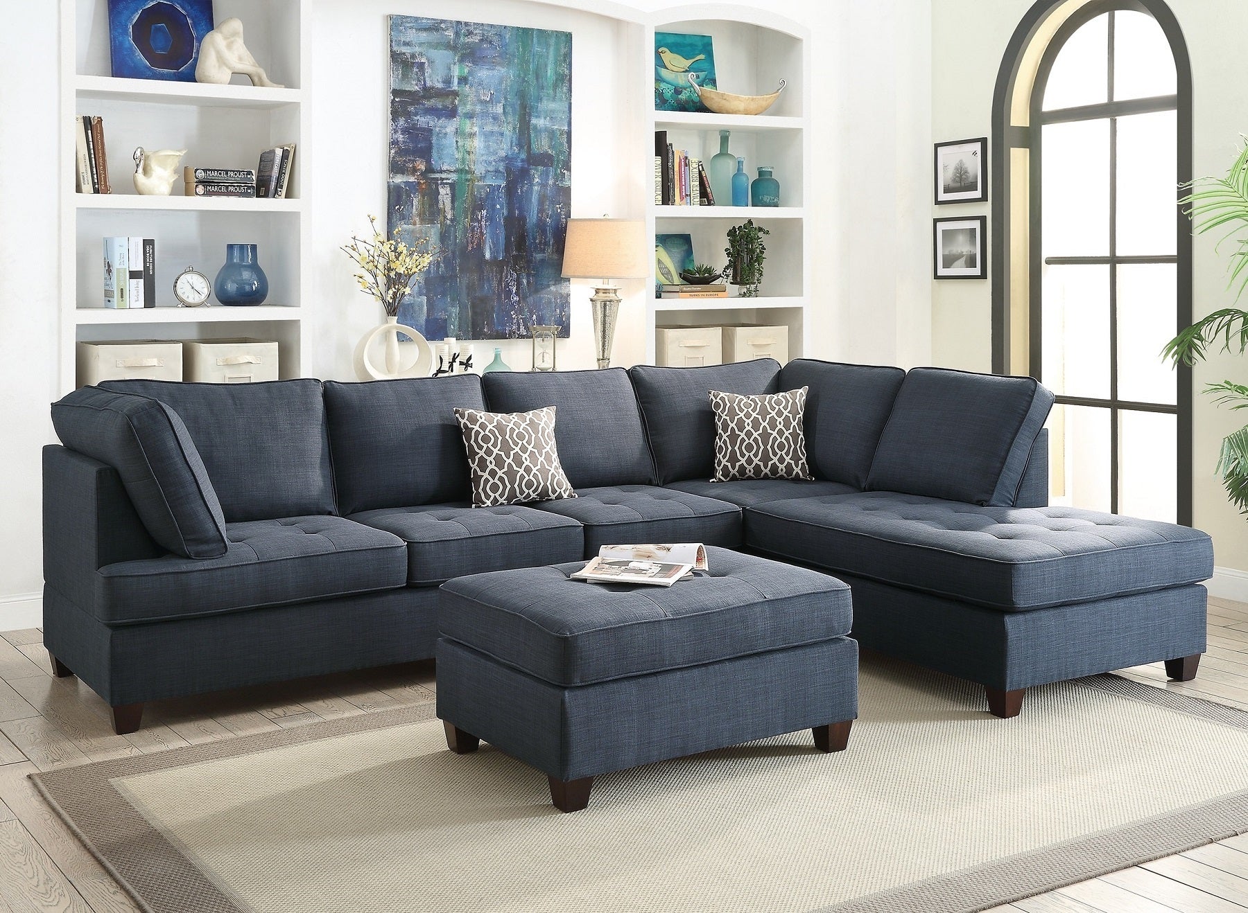 2pc Sectional Sofa Set Reversible Chaise Sofa Dark Blue Dorris Fabric Living Room Furniture Couch