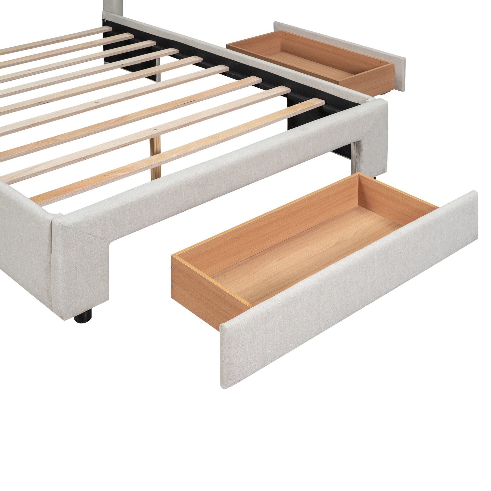 Full Size Upholstered Platform Bed with One Large Drawer in the Footboard and Drawer on Each Side,Beige