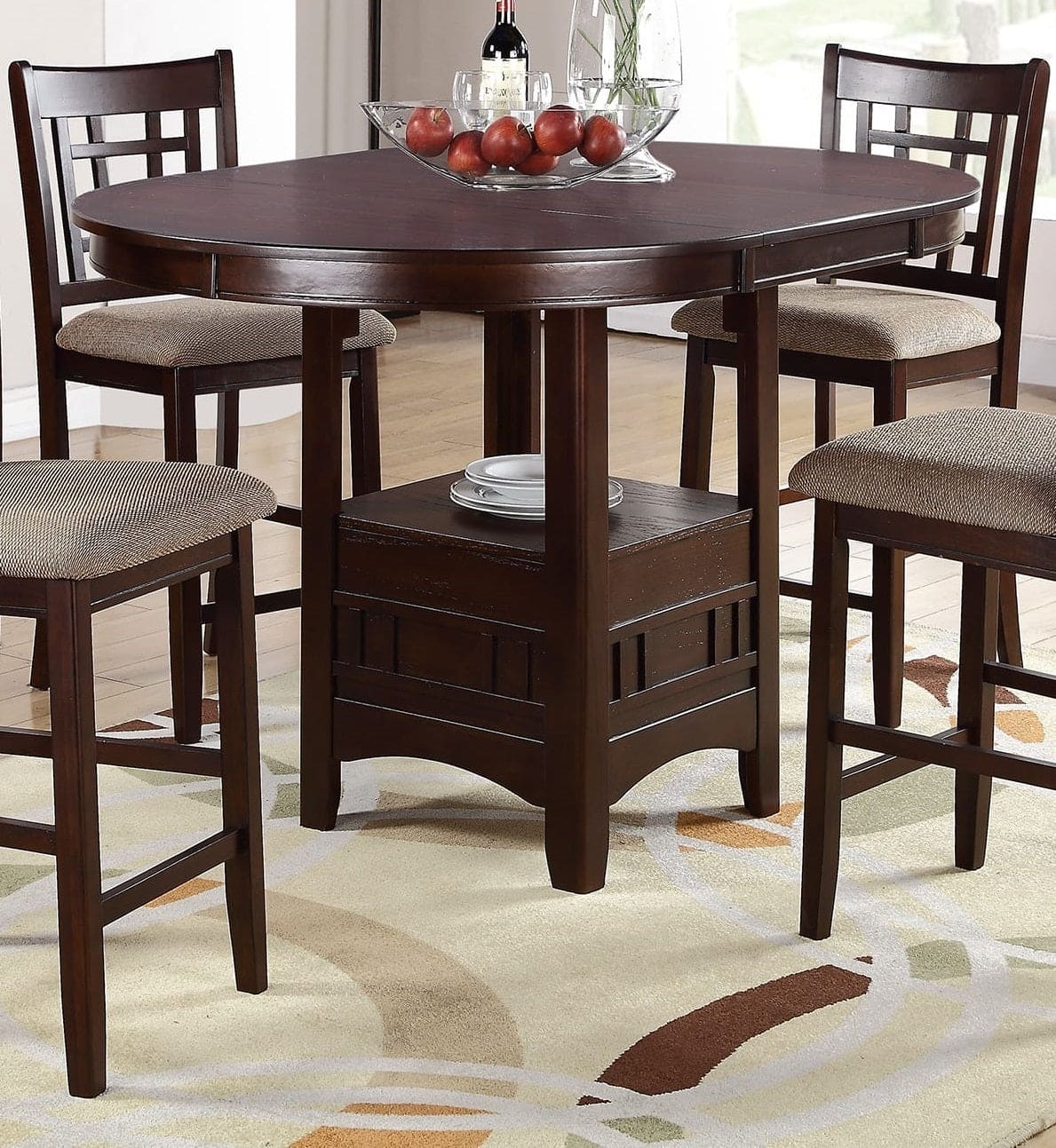 Contemporary Dining Room Counter height 5pc Dining Set Round Table w Leaf & 4x Side Chairs Dark Rosy Brown Finish Solid wood