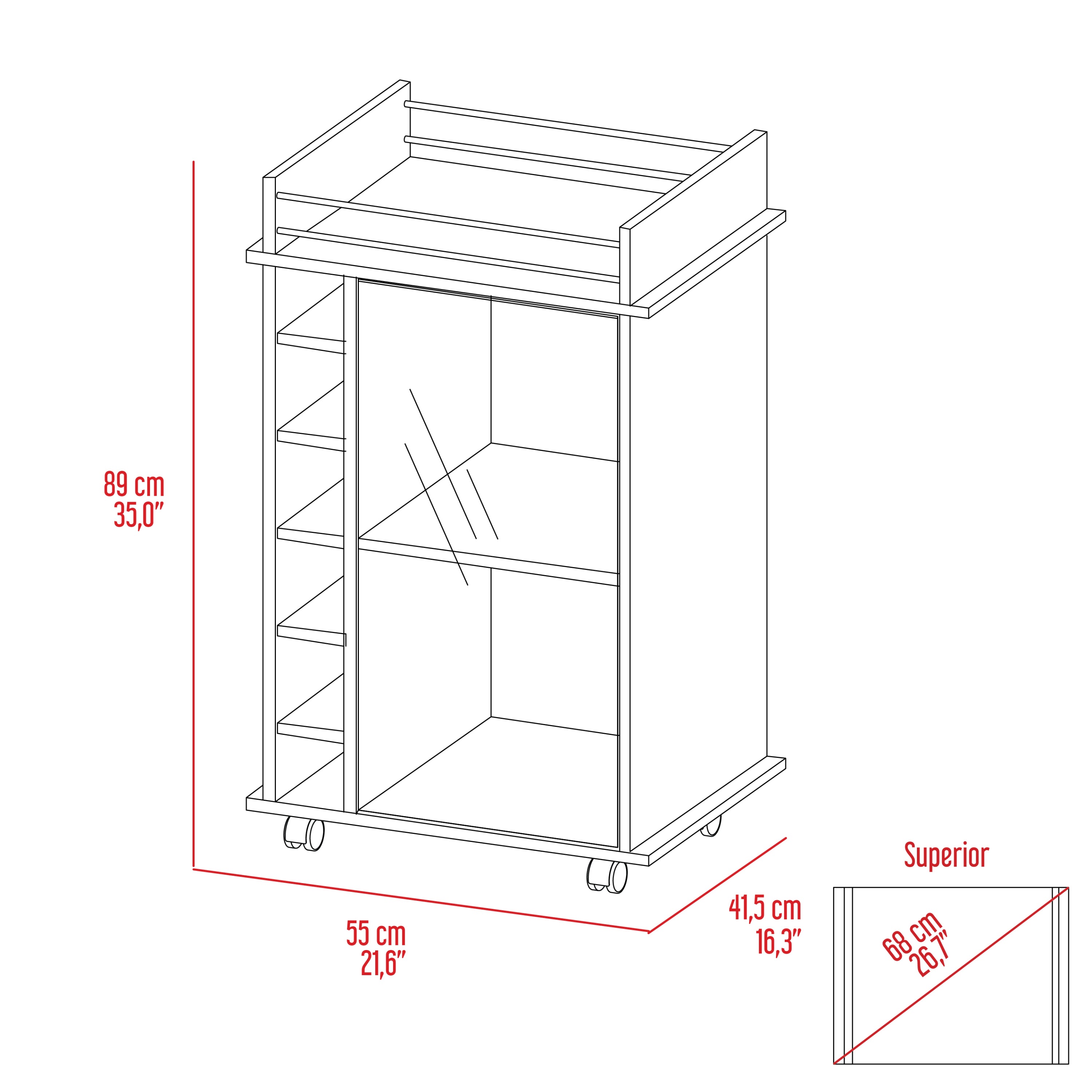 Bar Cart Baltimore, Six Wine Cubbies, Glass Door, Four Caster, Two Shelves, White Finish