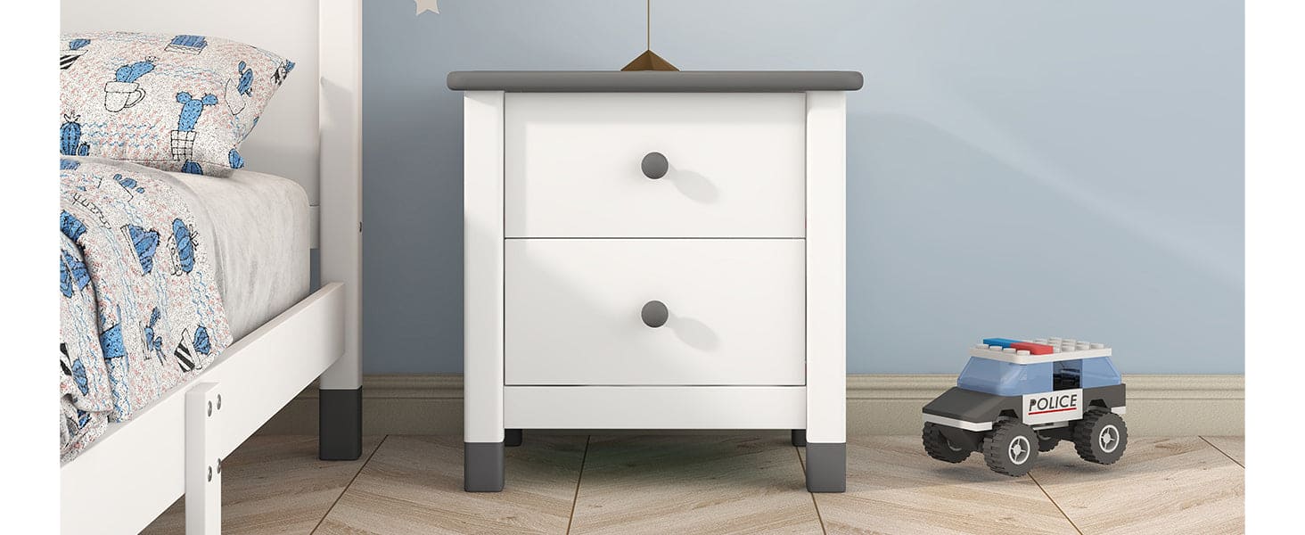 Wooden Nightstand with Two Drawers for Kids,End Table for Bedroom,White+Gray