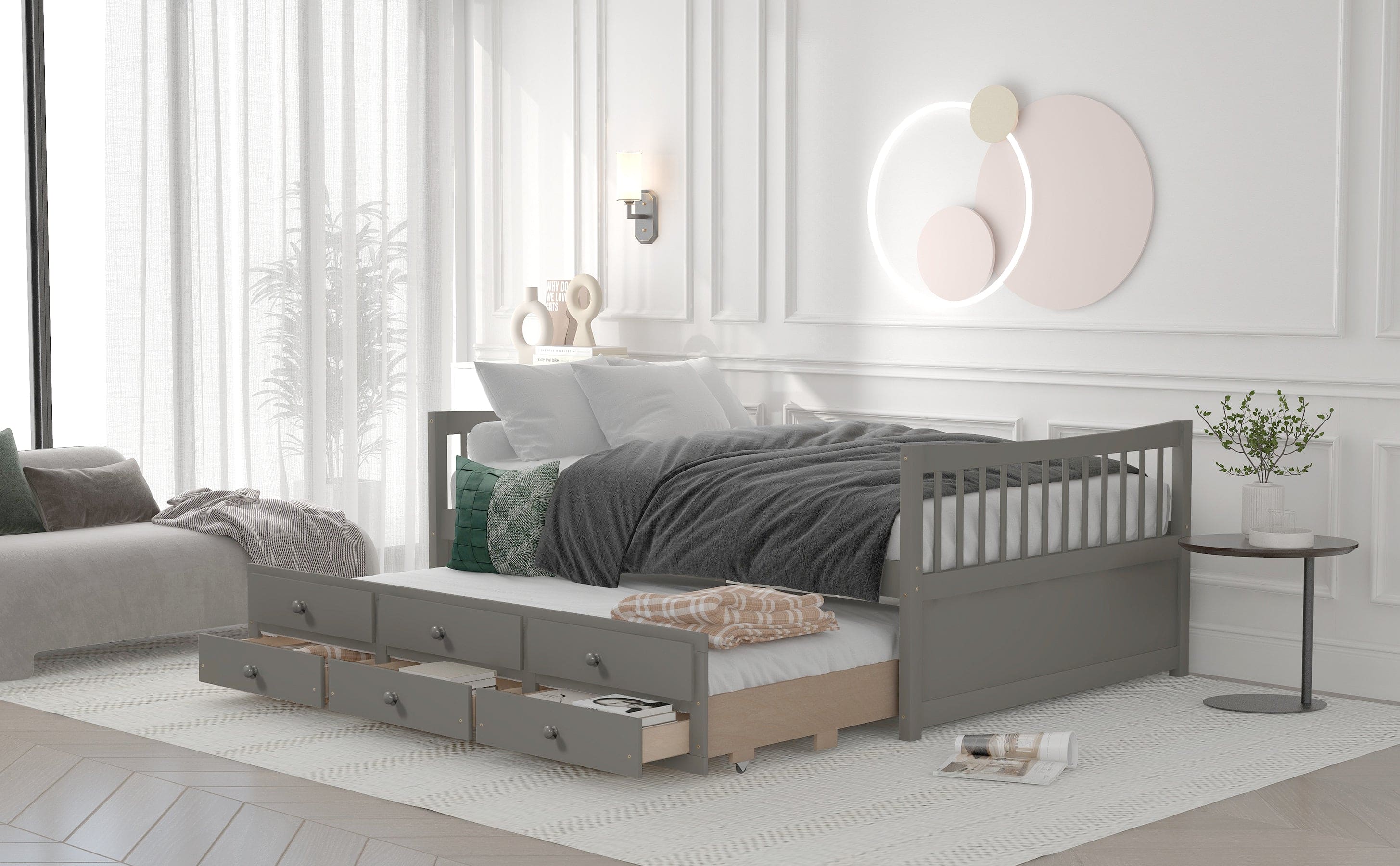 Full size Daybed with Twin size Trundle and Drawers, Full Size, Gray