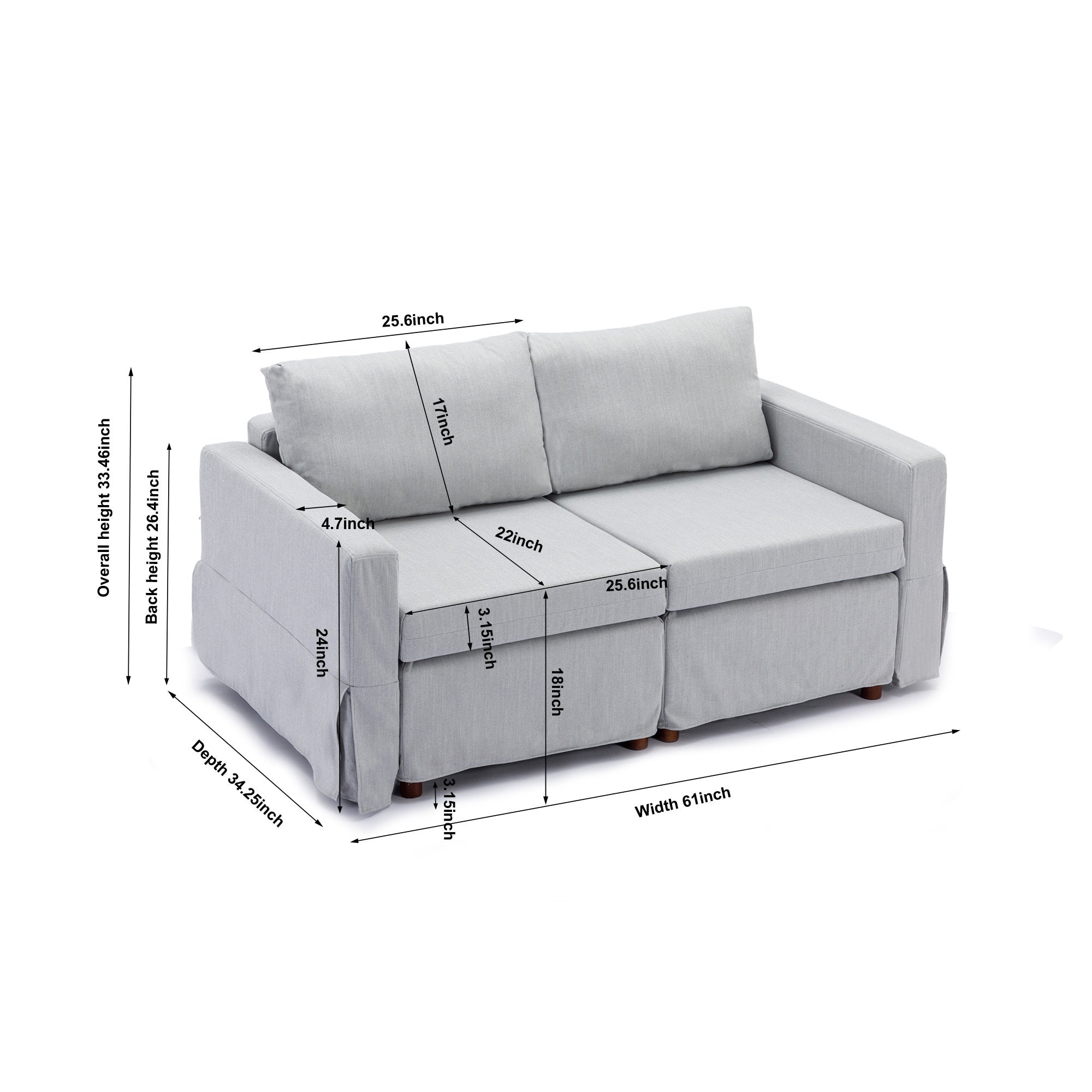 2 Seat Module Sectional Sofa Couch With 2 Ottoman,Seat Cushion and Back Cushion Removable and Washable,Light Grey