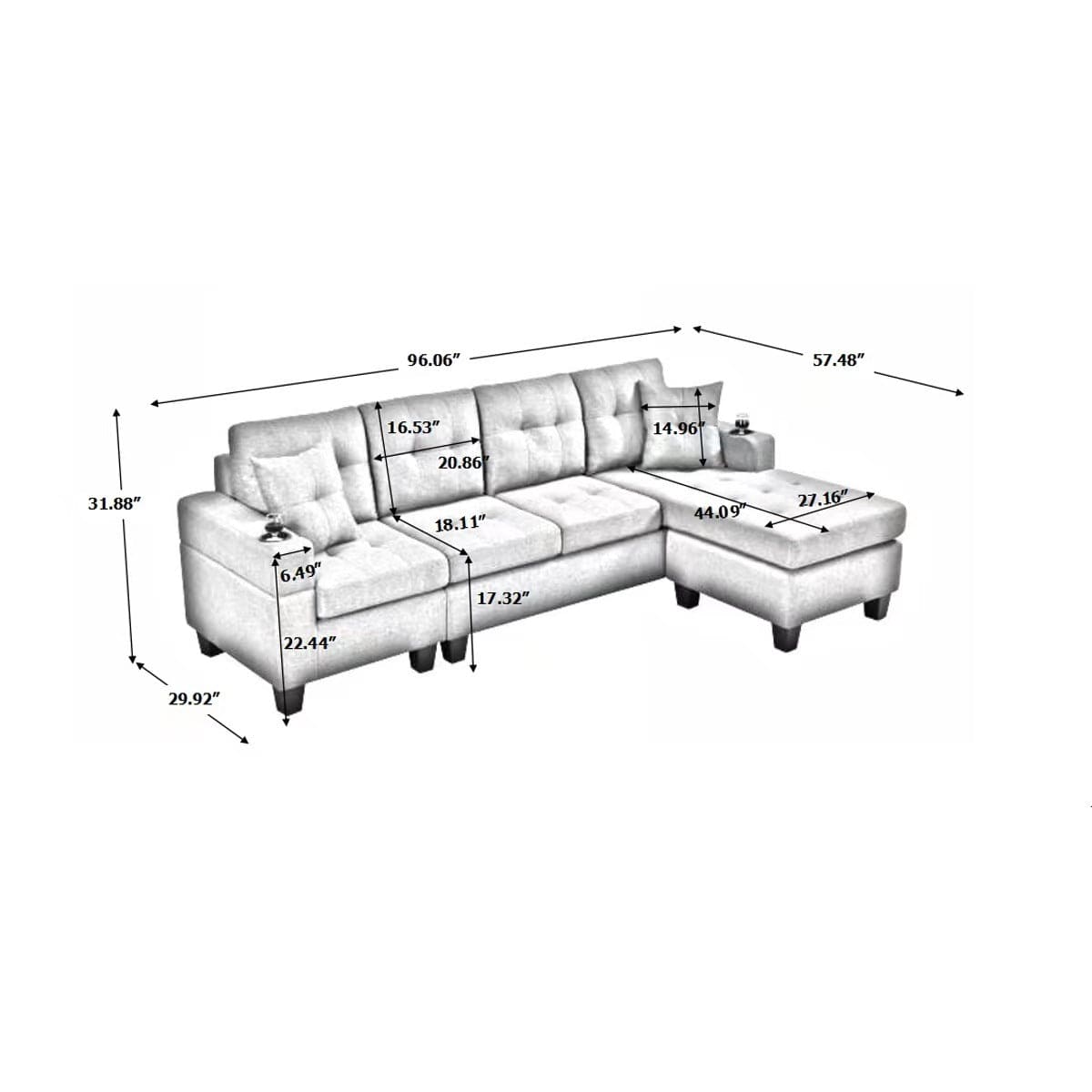 MEGA right sectional sofa with footrest, convertible corner sofa with armrest storage, living room and apartment sectional sofa, right chaise longue and grey