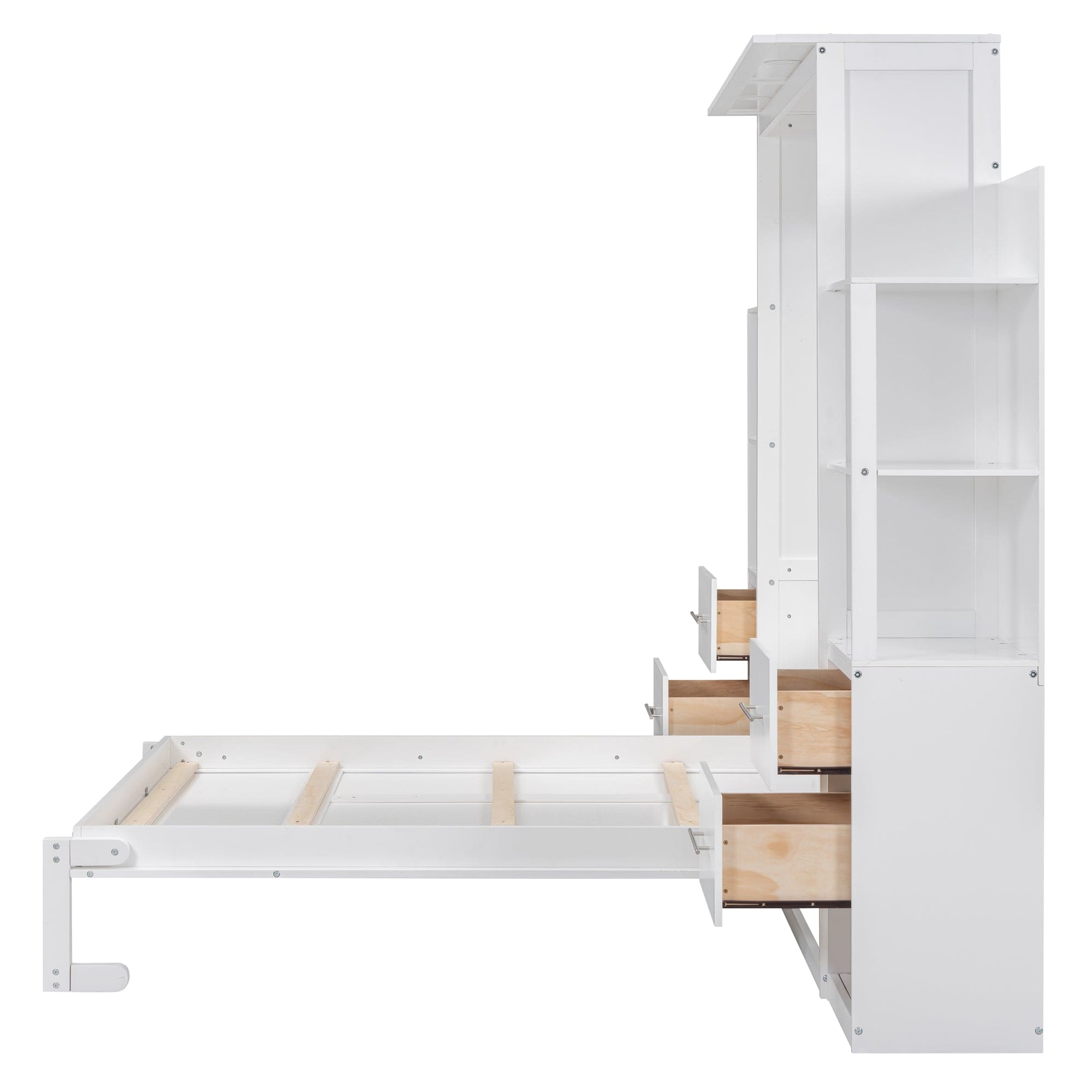 Full Size Murphy Bed Wall Bed with Shelves, Drawers and LED Lights,White