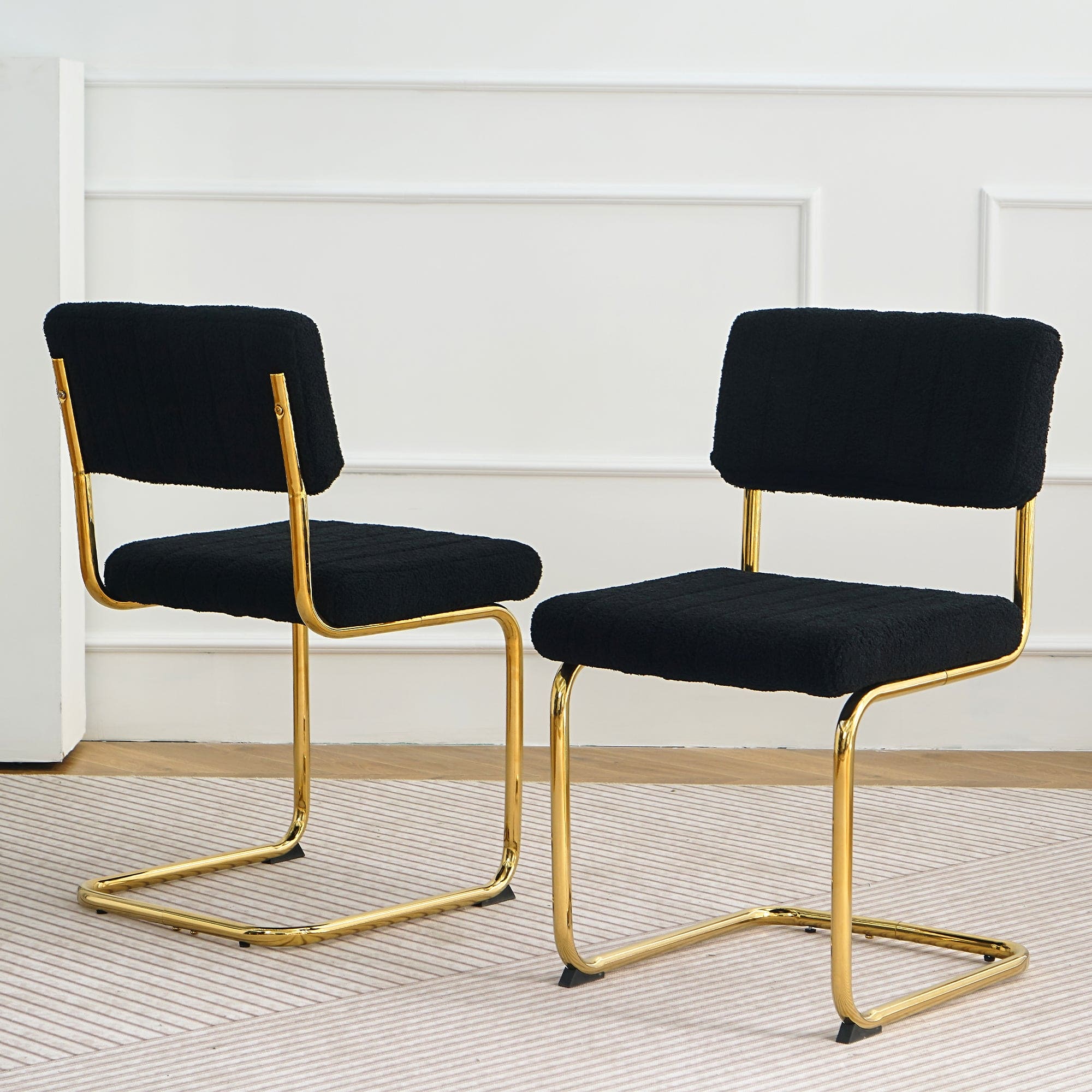 Modern simple light luxury dining Black chair home bedroom stool back dressing chair student desk chair gold metal legs(set of 2)