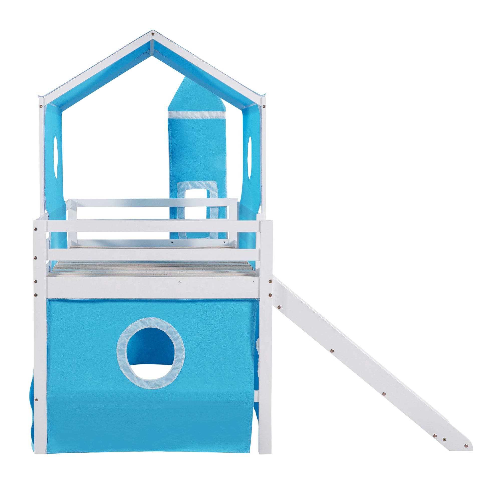 Twin Size Bunk Bed with Slide Blue Tent and Tower - Blue