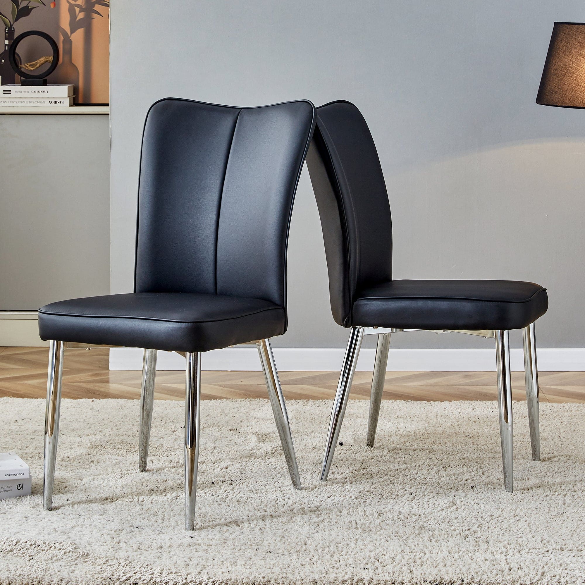 Modern minimalist dining chairs, black PU leather curved backrest and cushion, black metal semi matte chair legs, suitable for restaurants, bedrooms, and living rooms. A set of 2 chairs.008