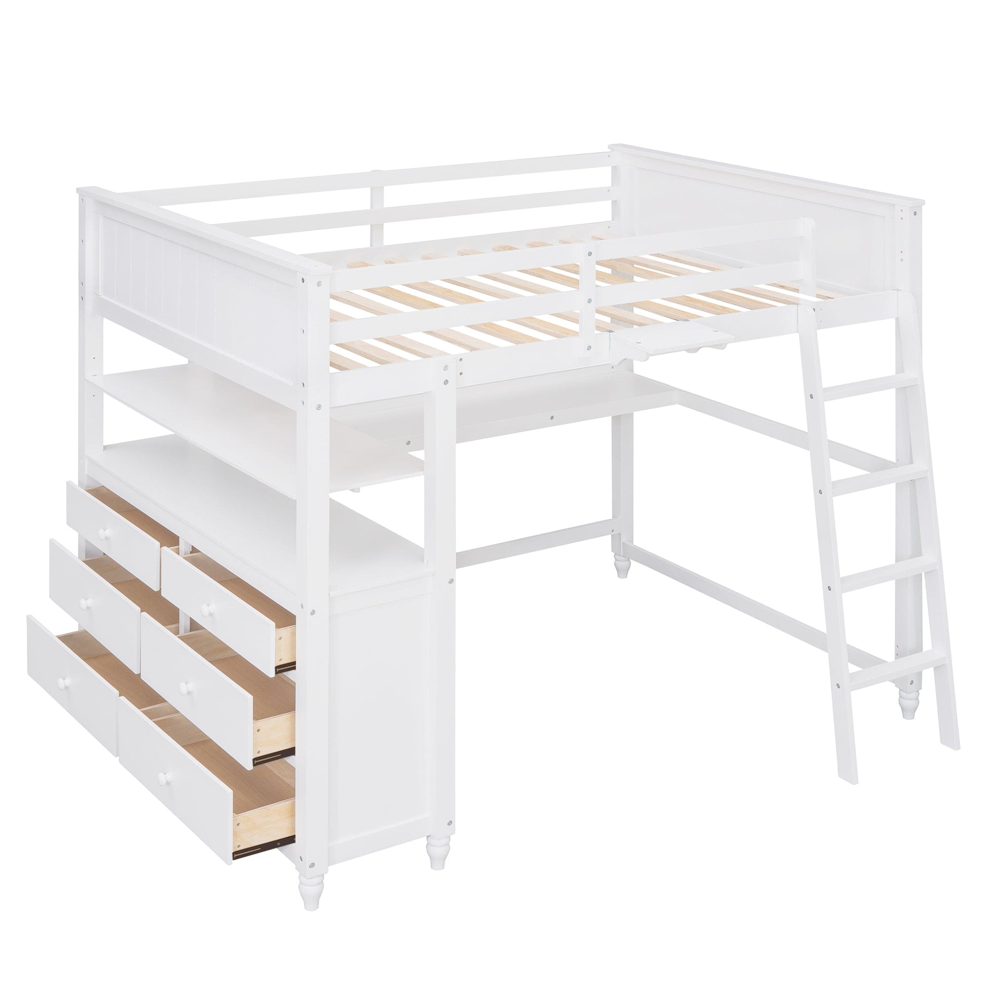 Full size Loft Bed with Drawers and Desk, Wooden Loft Bed with Shelves - White(OLD SKU:LT001529AAK)