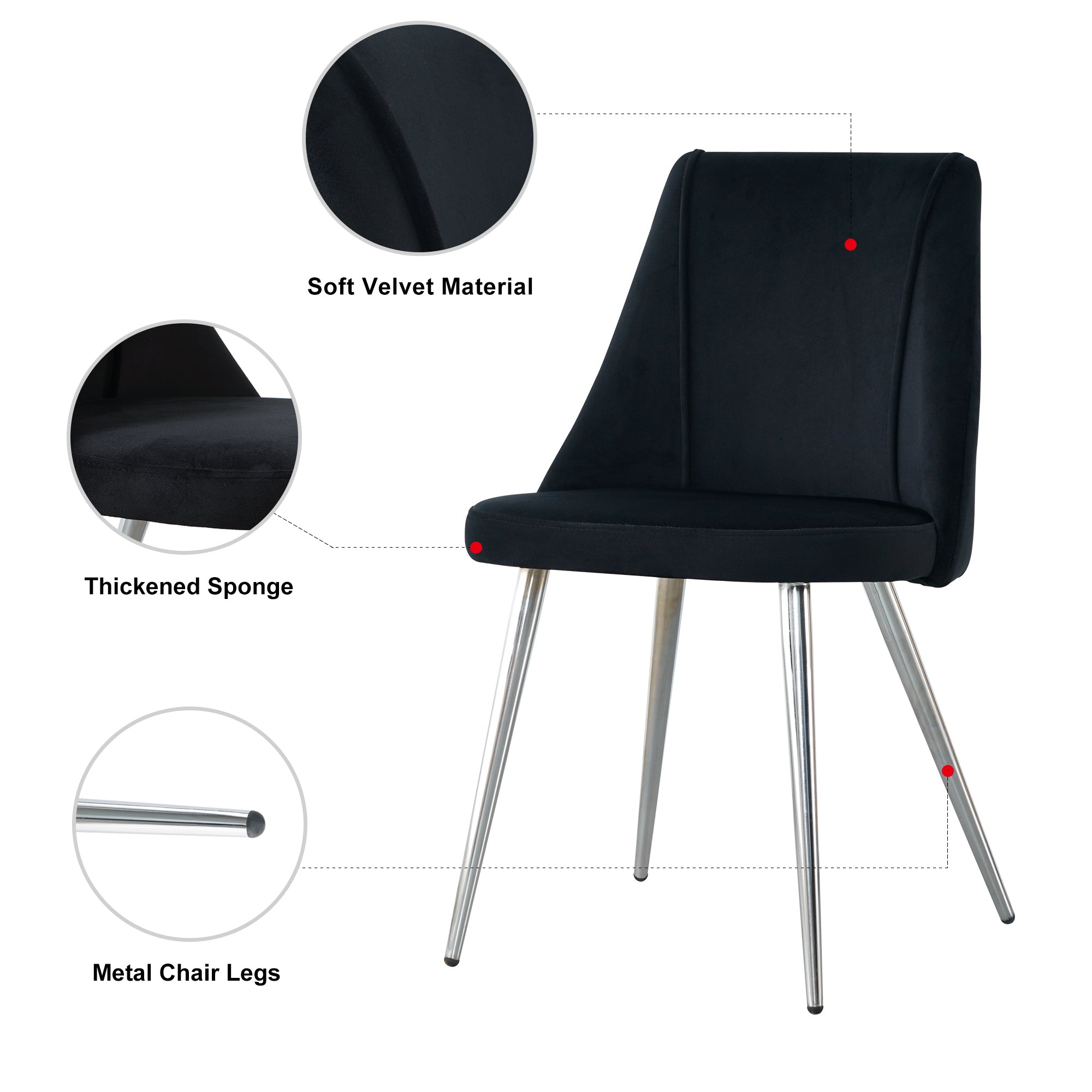 Modern simple velvet black dining chair home bedroom stool back dressing chair student desk chair chrome metal legs(set of 4)