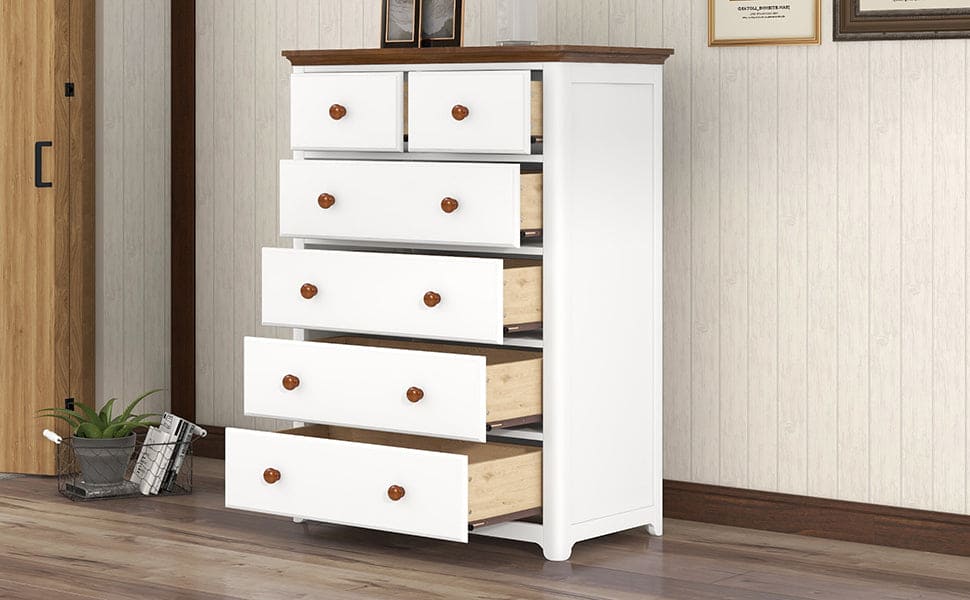 Rustic Wooden Chest with 6 Drawers,Storage Cabinet for Bedroom,White+Walnut