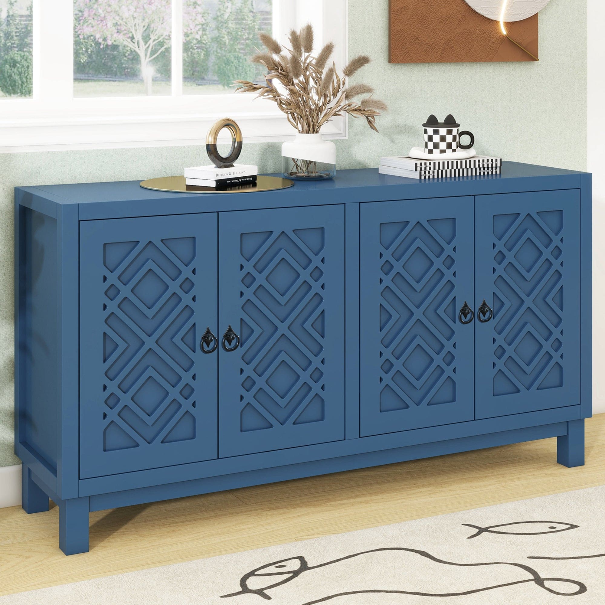 TREXM Large Storage Space Sideboard, 4 Door Buffet Cabinet with Pull Ring Handles for Living Room, Dining Room (Navy)