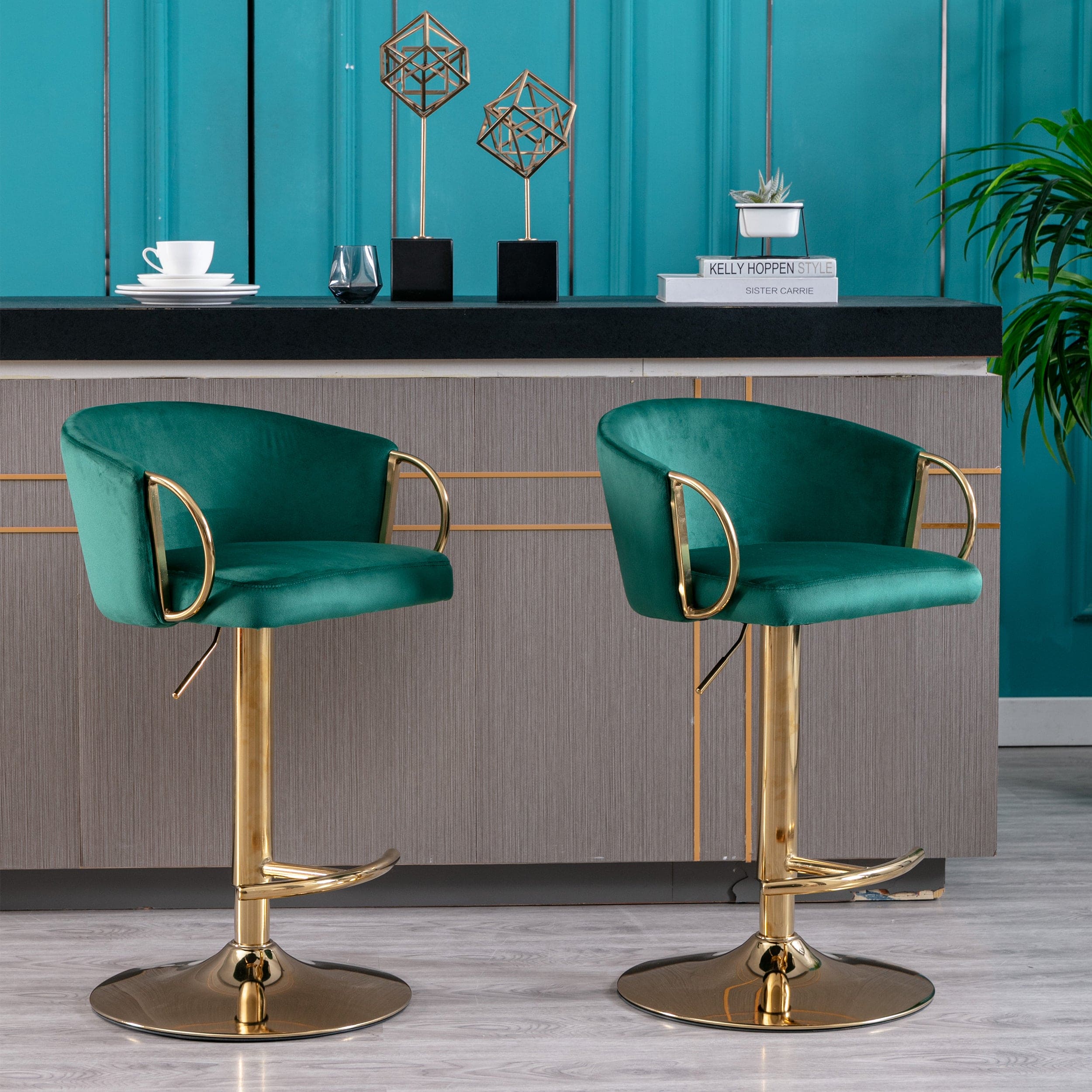 Set of 2  Bar Stools,with Chrome Footrest and Base Swivel Height Adjustable Mechanical Lifting Velvet + Golden Leg Simple Bar Stool-Green