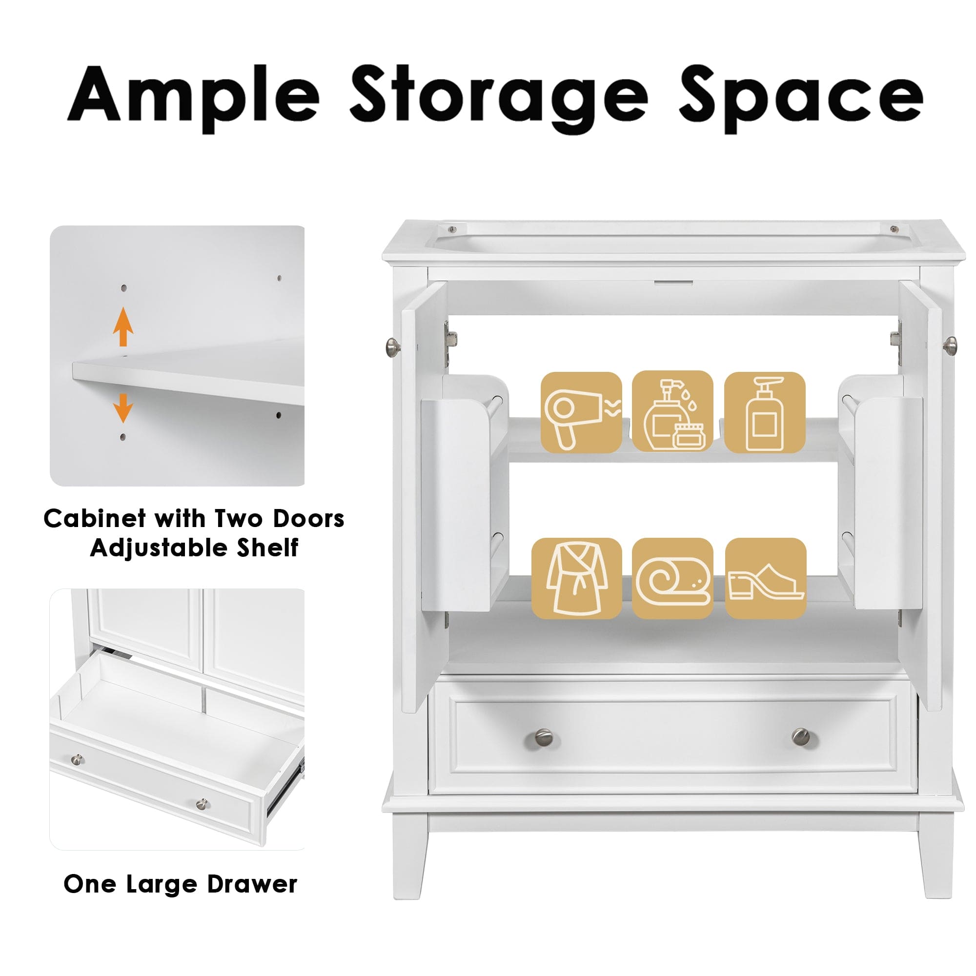 30" Bathroom Vanity with Sink Combo, Multi-functional Bathroom Cabinet with Doors and Drawer, Solid Frame and MDF Board, White