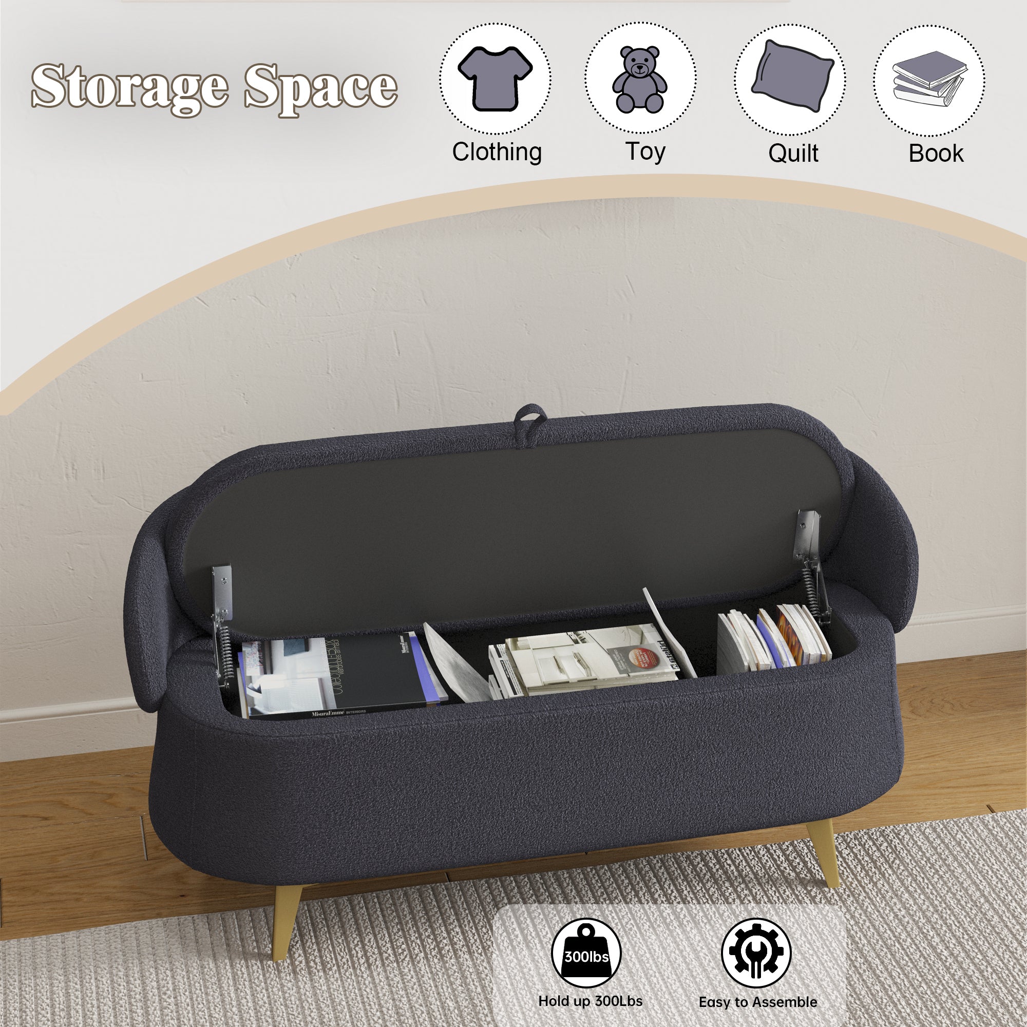 50 inchesMulti-functional long rectangular bed end storage sofa stool teddy fleece