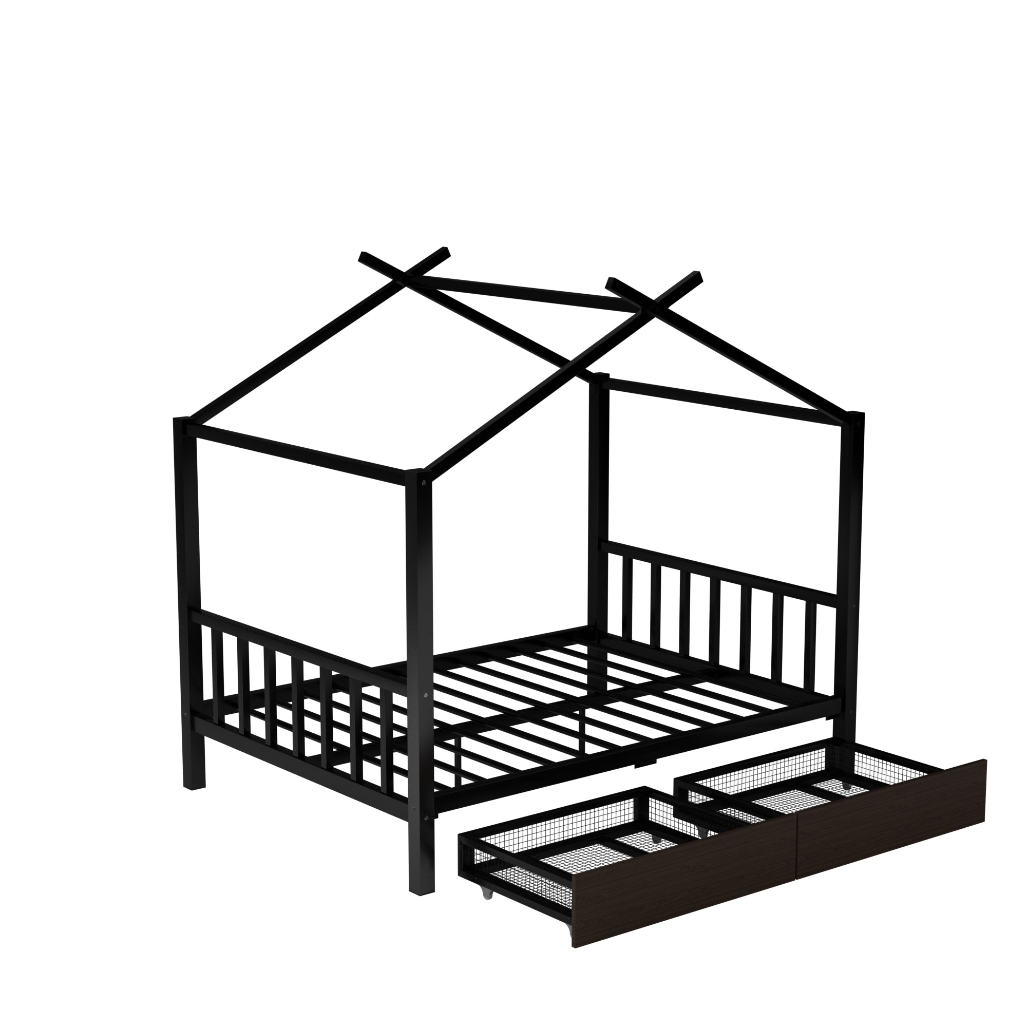 Full Size Metal House Platform Bed with Two Drawers,Headboard and Footboard,Roof Design,Black