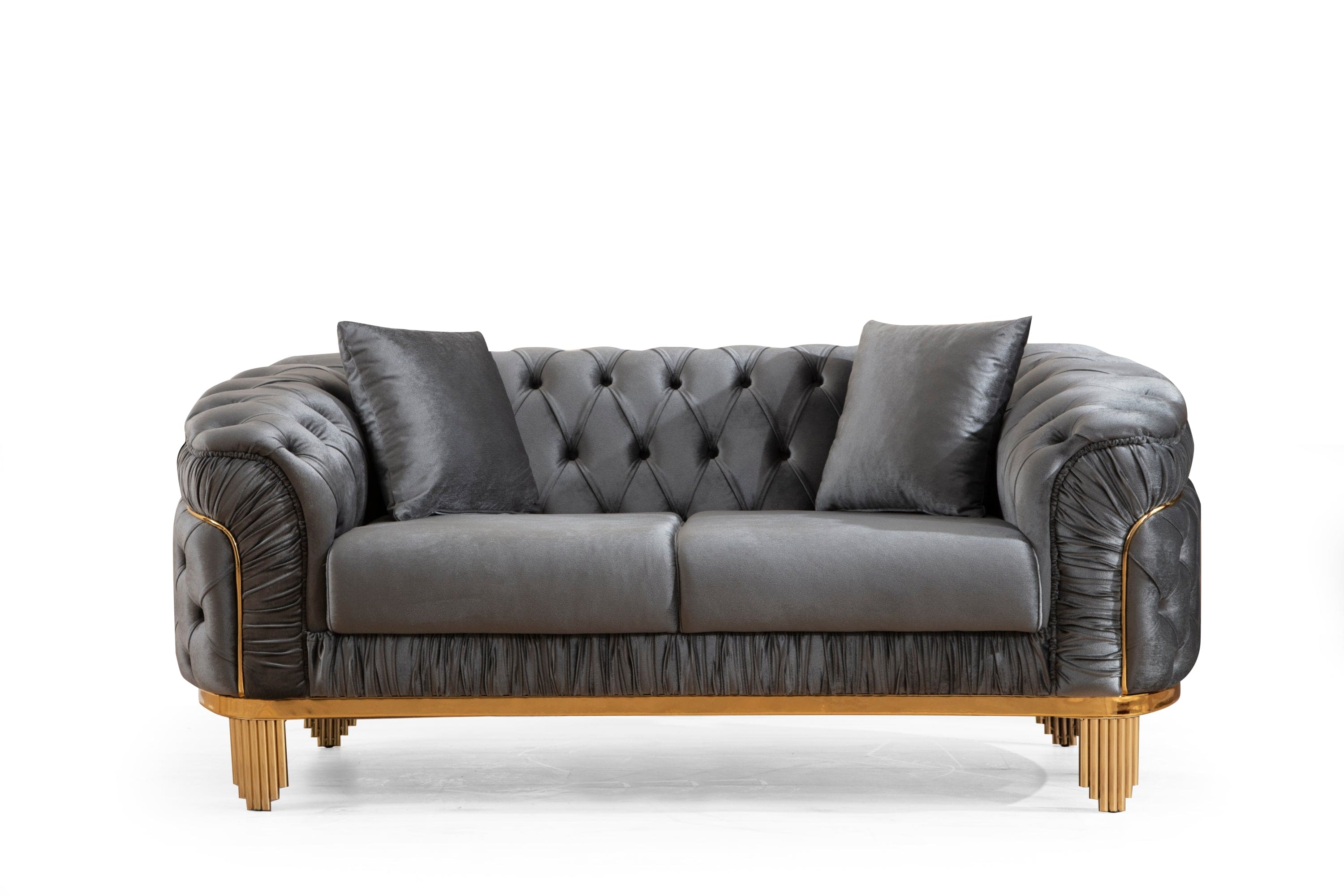 Vanessa Loveseat in Grey and Gold with Fabric button-tufted velvet upholstery Finish