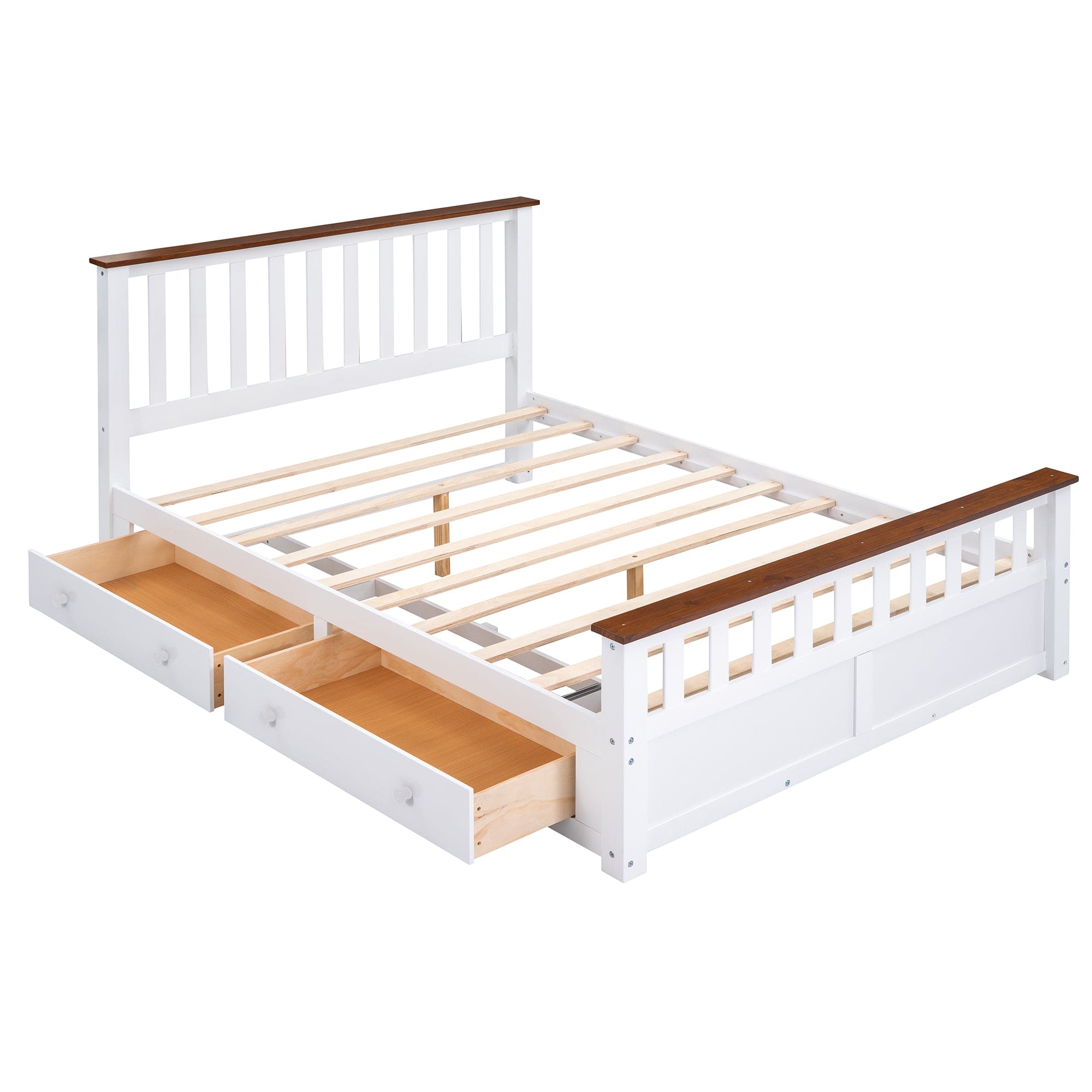 Queen Size Wood Platform Bed with Two Drawers and Wooden Slat Support,White+walnut