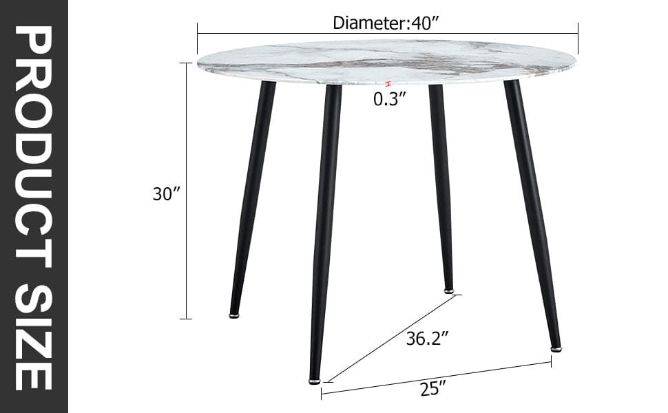 A modern minimalist circular dining table with a diameter of 40 inches, a 0.3 inch thick white imitation marble pattern tabletop and black metal legs  40 '* 40' * 30 'DT-1164