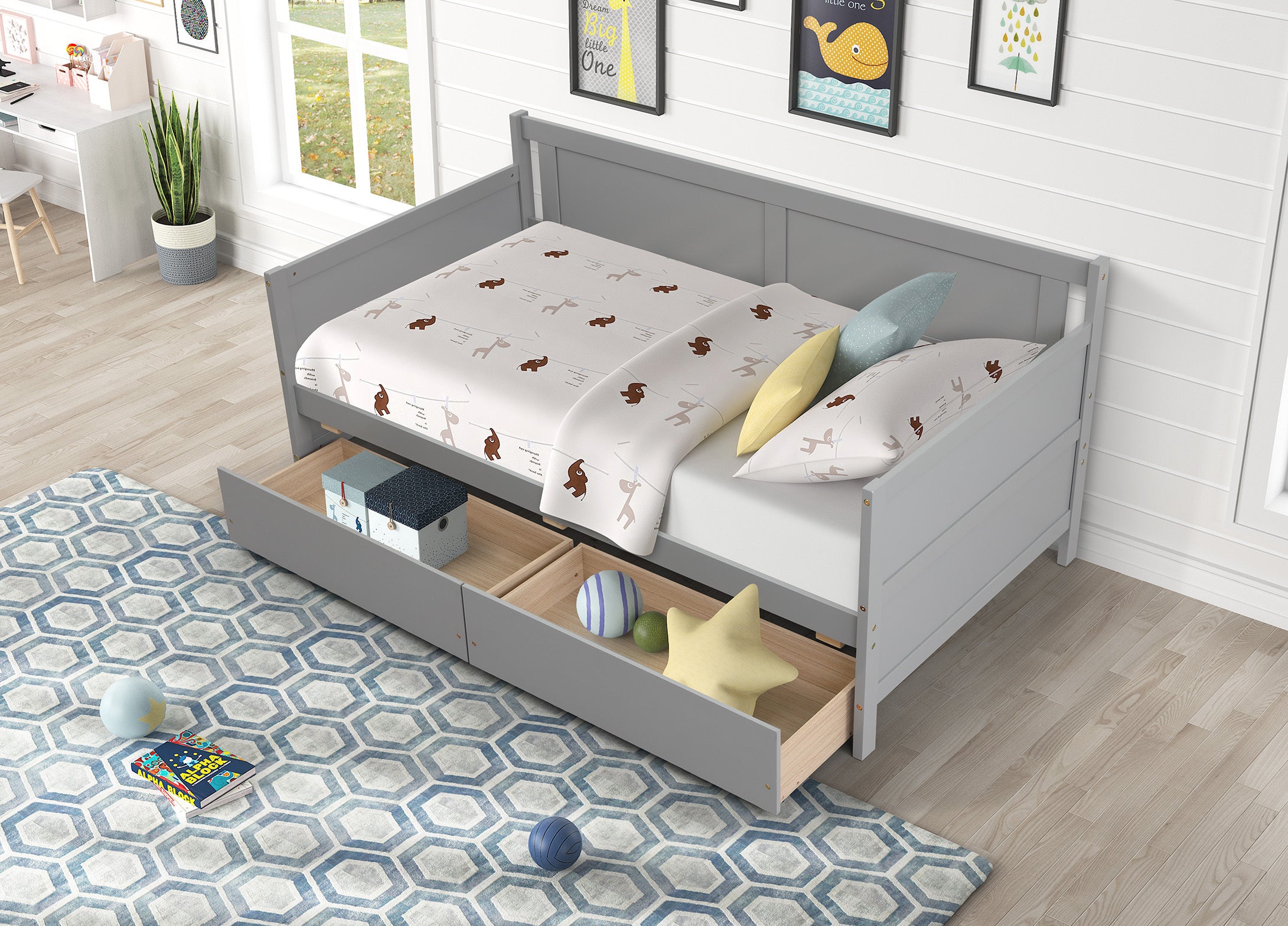 Daybed with two drawers, Twin size Sofa Bed,Storage Drawers for Bedroom,Living Room ,Grey