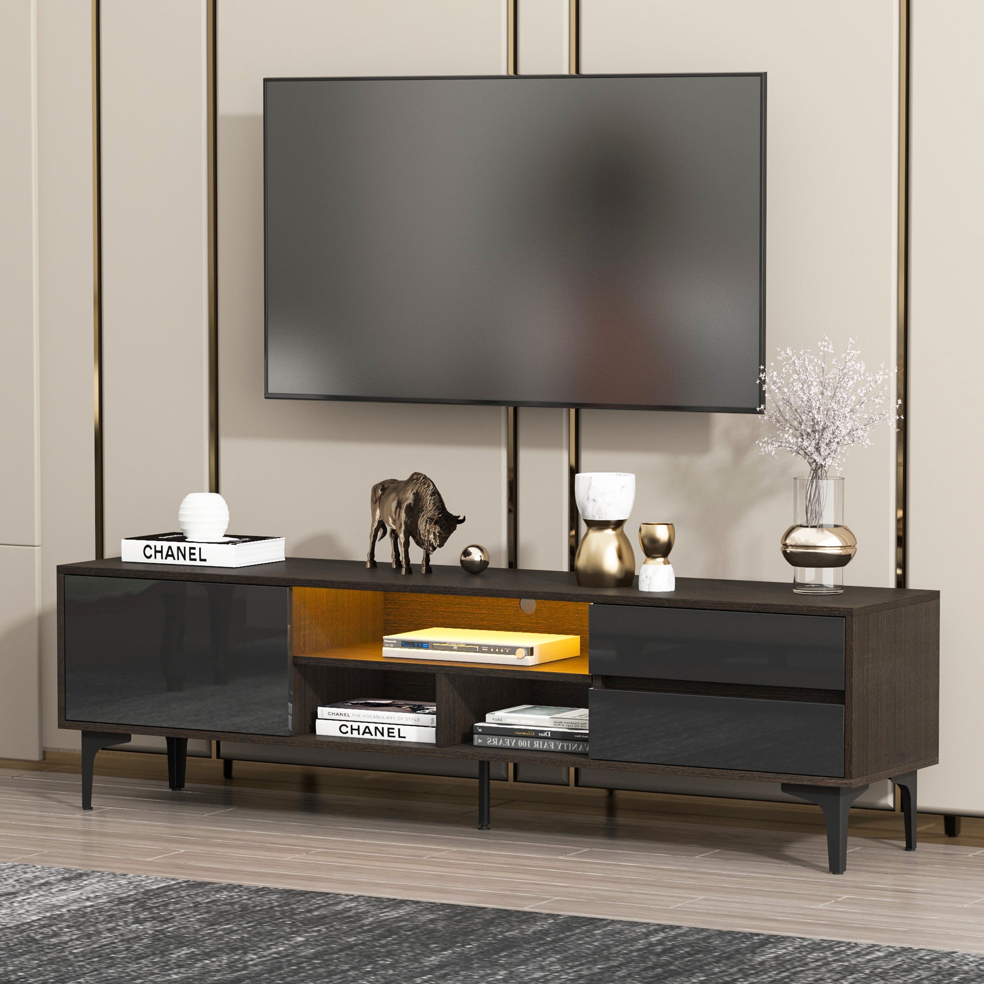 TV stand,TV Cabinet,entertainment center,TV console,media console,with LED remote control lights,UV bloom drawer panel,ferrous legs,can be placed in the living room, bedroom, color: Dark Brown+black