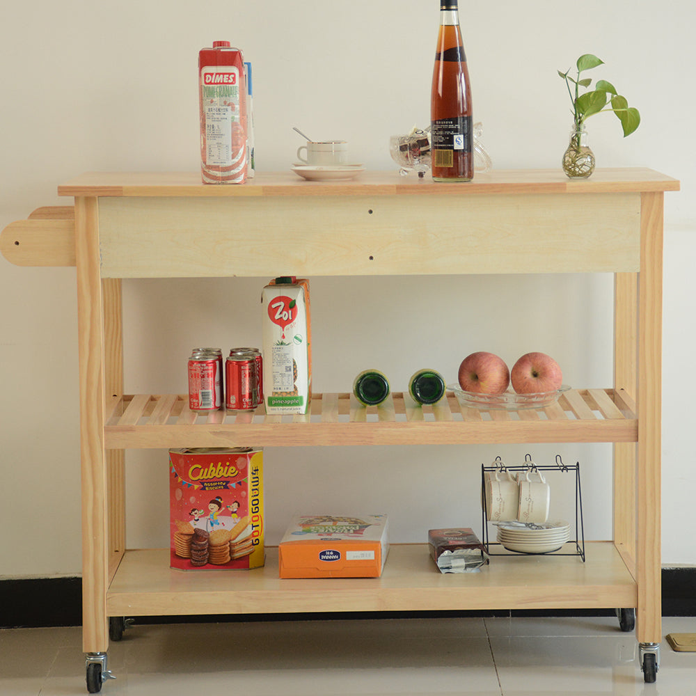 Kitchen Island & Kitchen Cart, Mobile Kitchen Island with Two Lockable Wheels, Rubber Wood Top, Simple Design & Natural Color Give More Imagination of Party Scene.