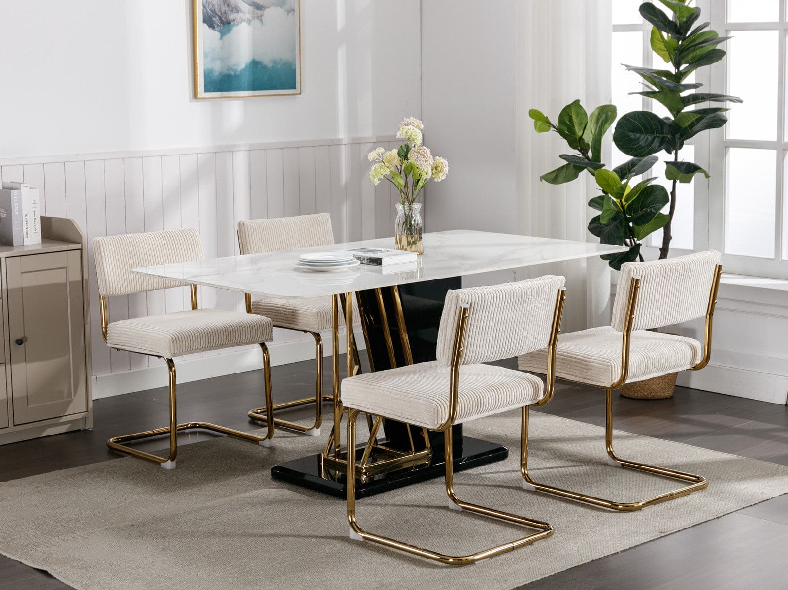 A&A Furniture,Modern Dining Chairs with Corduroy Fabric,Gold Metal Base, Accent Armless Kitchen Chairs with Channel Tufting,  Side Chairs, Set of 2, Beige