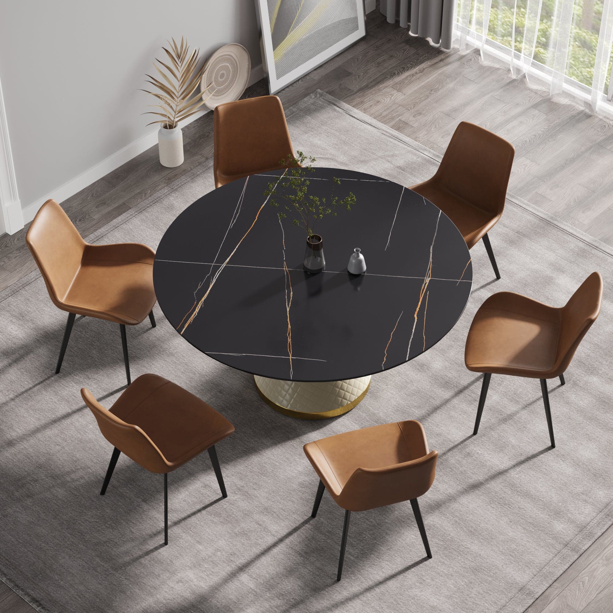 59.05"Modern artificial stone round white carbon steel base dining table-can accommodate 6 people