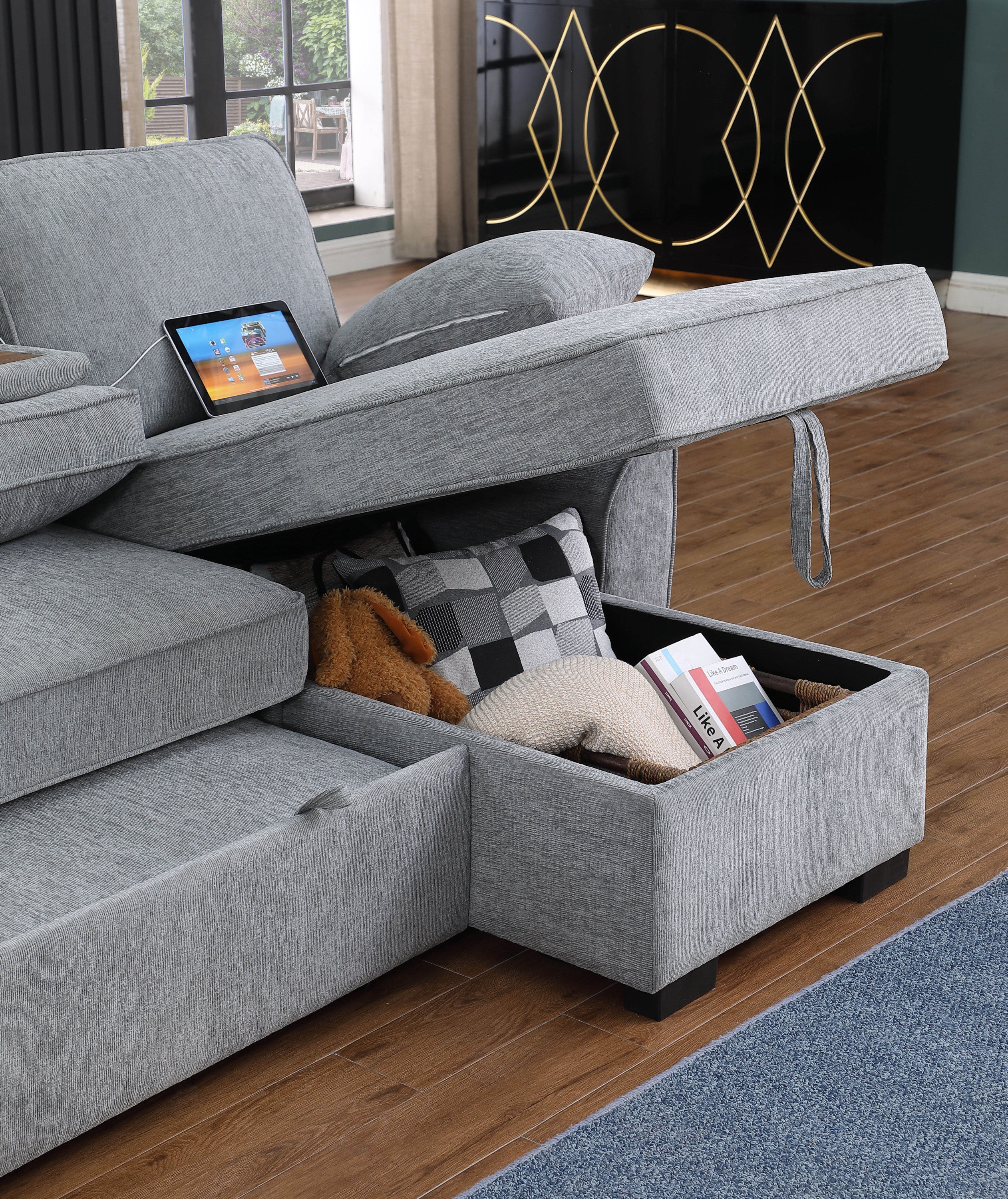 Mackenzie Light  Gray Chenille Fabric Reversible Sleeper Sectional with Storage Chaise, Drop-Down Table, Cup Holders and Charging Ports