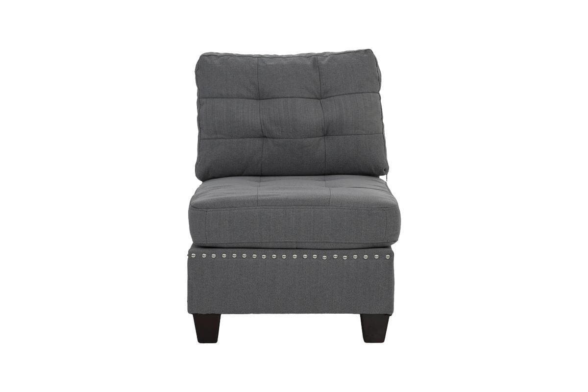 Modular Sectional 6pc Set Living Room Furniture L-Sectional Gray Linen Like Fabric Tufted Nail heads 2x Corner Wedge 2x Armless Chairs and 2x Ottomans