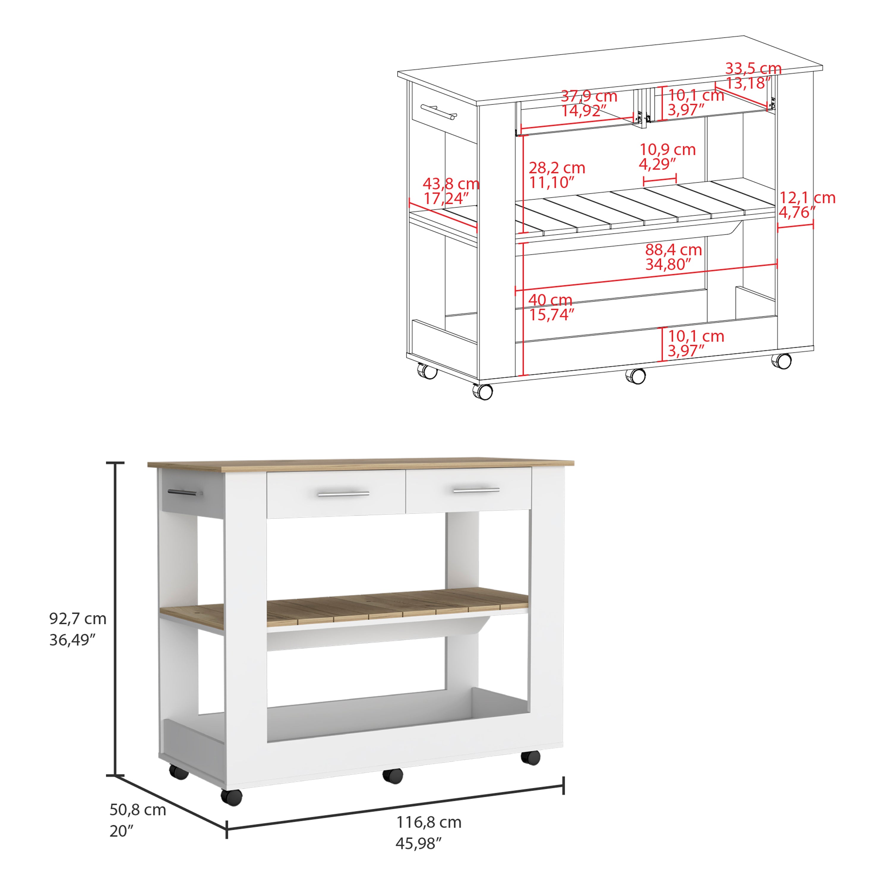 Cala Kitchen Island 46,  Six Casters, Two Drawers, Lower Open Shelf  -White / Light Oak