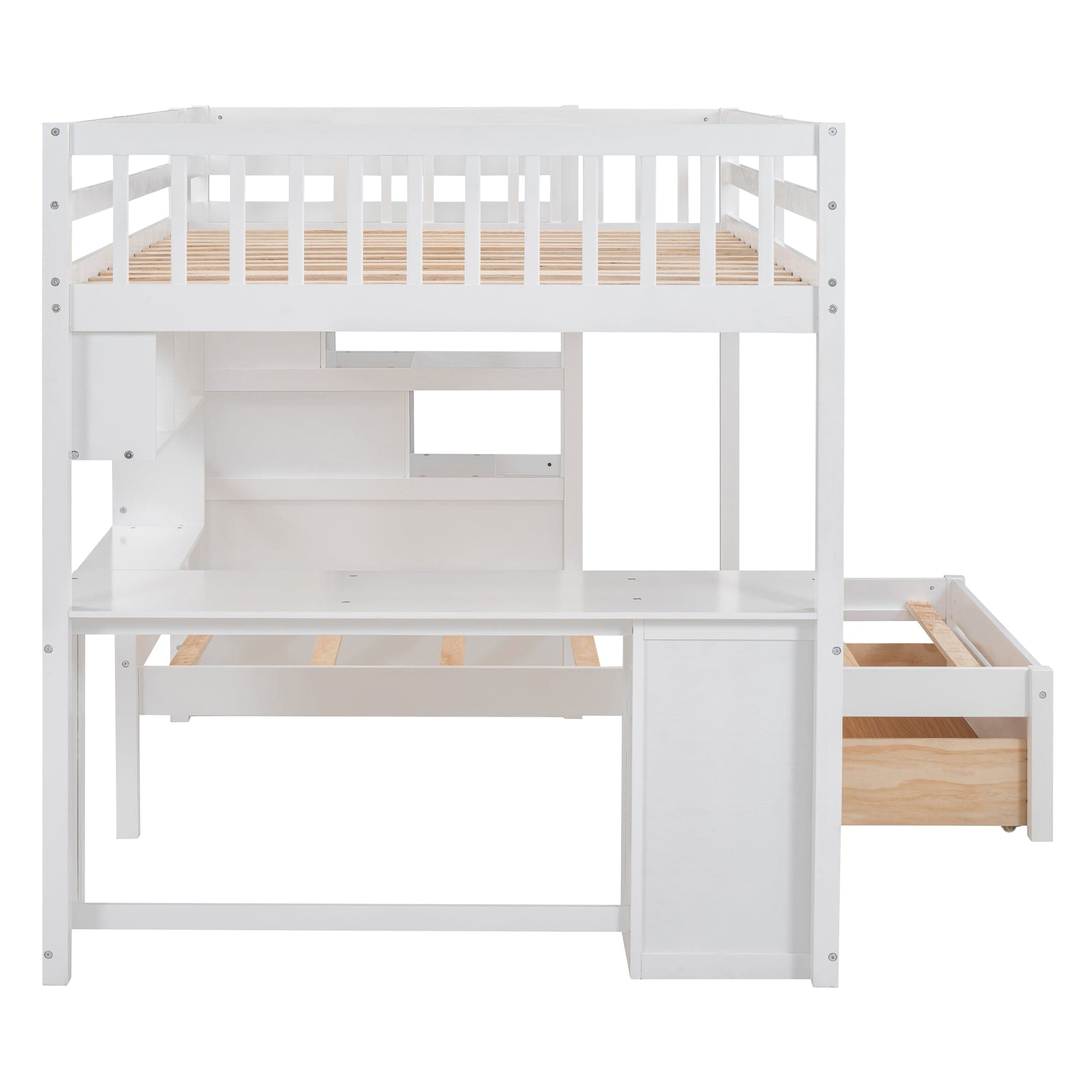 Full Over Twin Bunk Bed with Desk, Drawers and Shelves, White