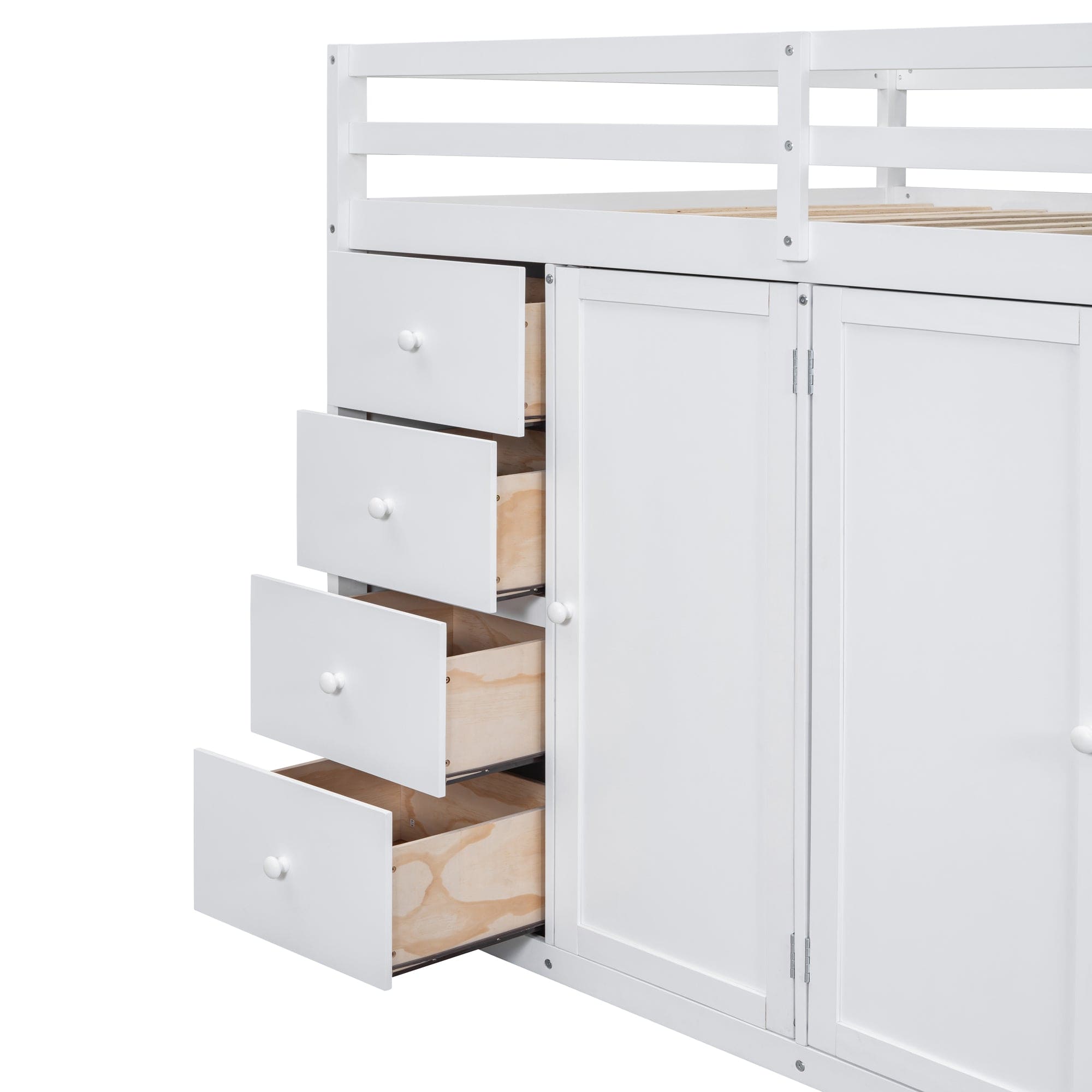 Full Size Wood Loft Bed With Built-in Wardrobes, Cabinets and Drawers, White