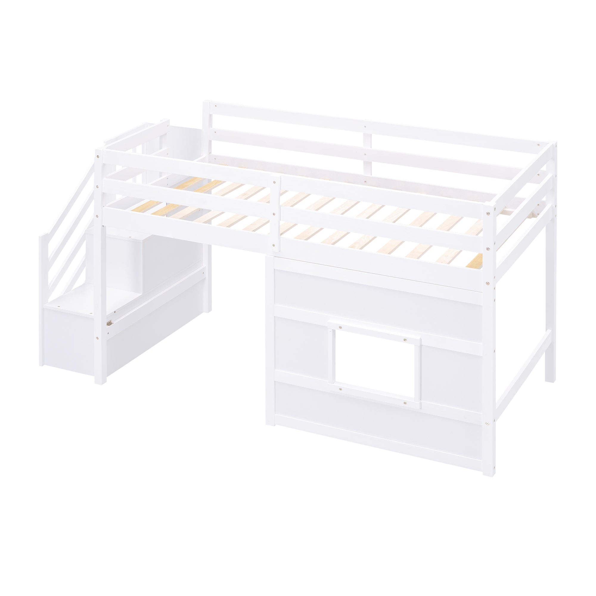 Twin Size Loft Bed with Storage Staircase and Window, White