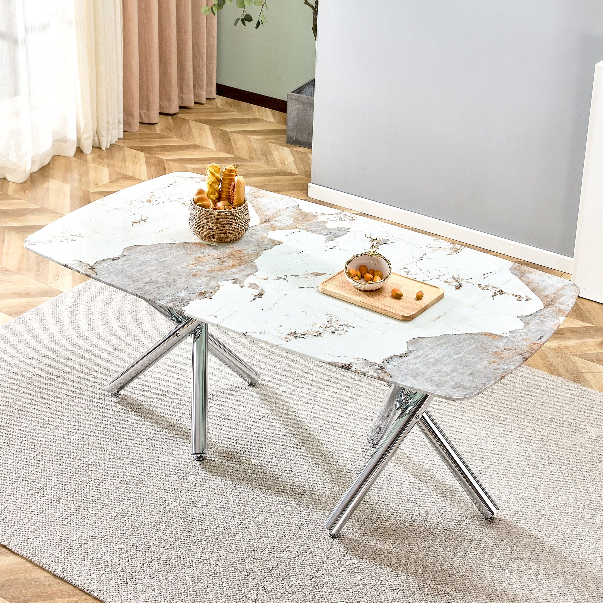 Large modern minimalist rectangular dining table suitable for 6-8 people, equipped with a 0.39 "imitation marble tabletop and metal legs,for Kitchen Dining Living Meeting Room Banquet hall,71"x 40"x30