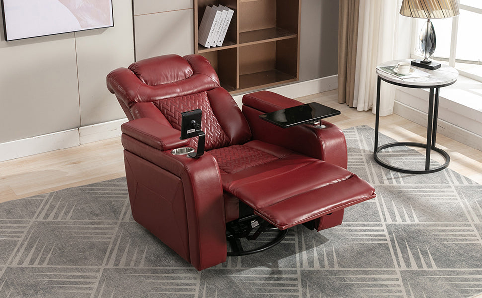 270 Degree Swivel PU Leather Power Recliner Individual Seat Home Theater Recliner with  Comforable Backrest, Tray Table,  Phone Holder, Cup Holder,  USB Port, Hidden Arm Storage for Living Room, Red